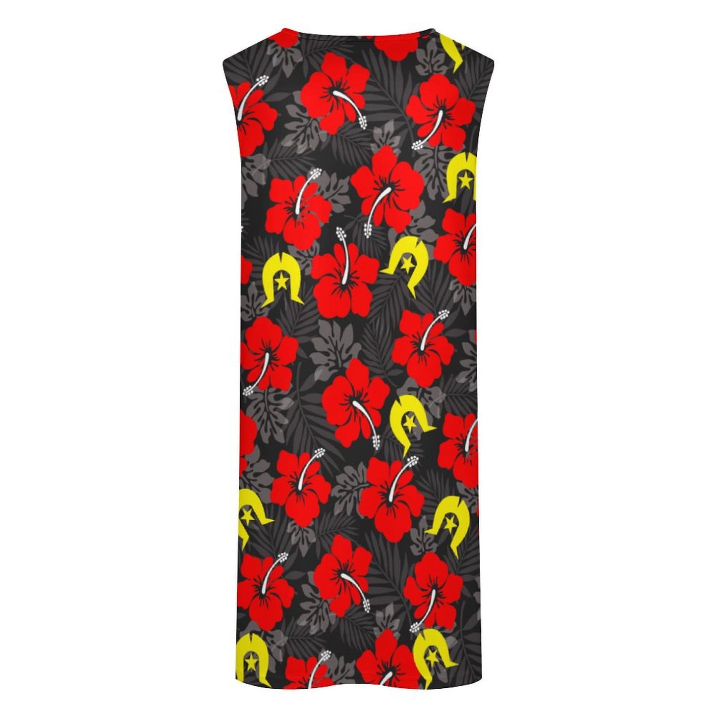 Royal Red Hibiscus with Yellow Dhari on Sleeveless Pocket Dress