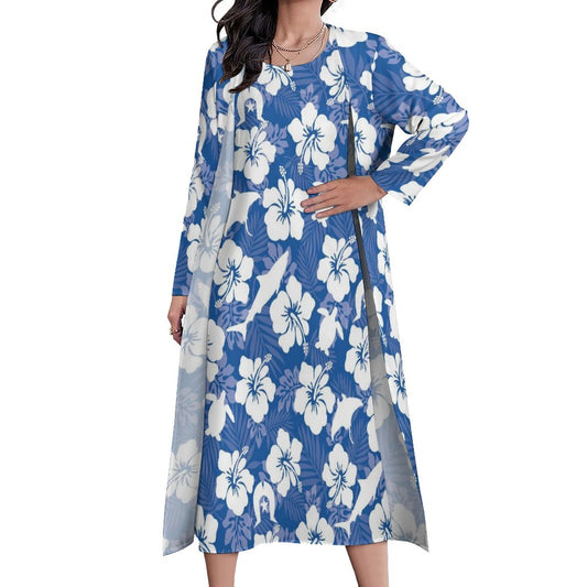 White hibiscus flowers with Dhari, Shark, turtle, and stingray on Long Dress Set