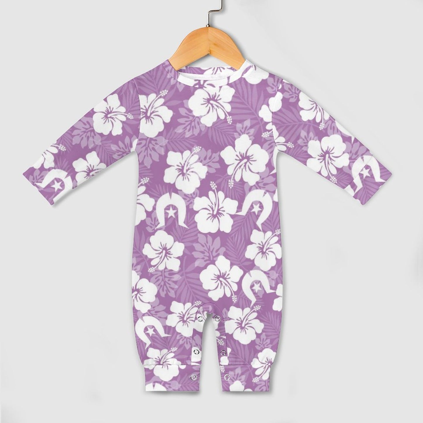 White Hibiscus and Dhari (Purple) on Baby Romper