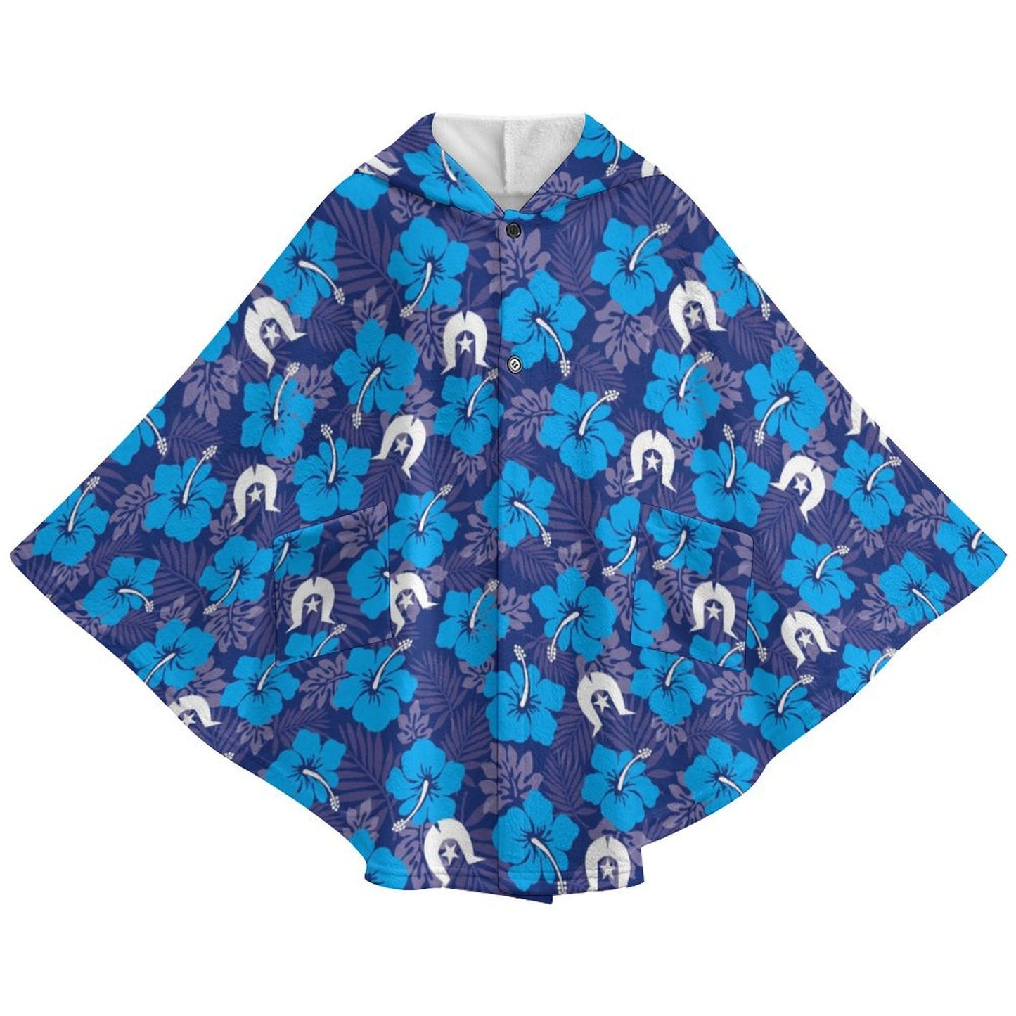 Hibiscus flowers with White Dhari (Royal blue) on Fleece Hooded Cape for Adults