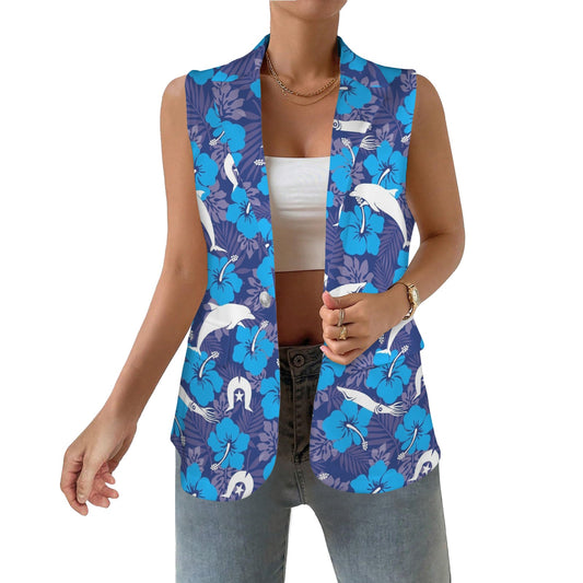 Hibiscus flowers with Dolphin, Squid and Dhari (Royal blue) on Women Sleeveless Suit Vest