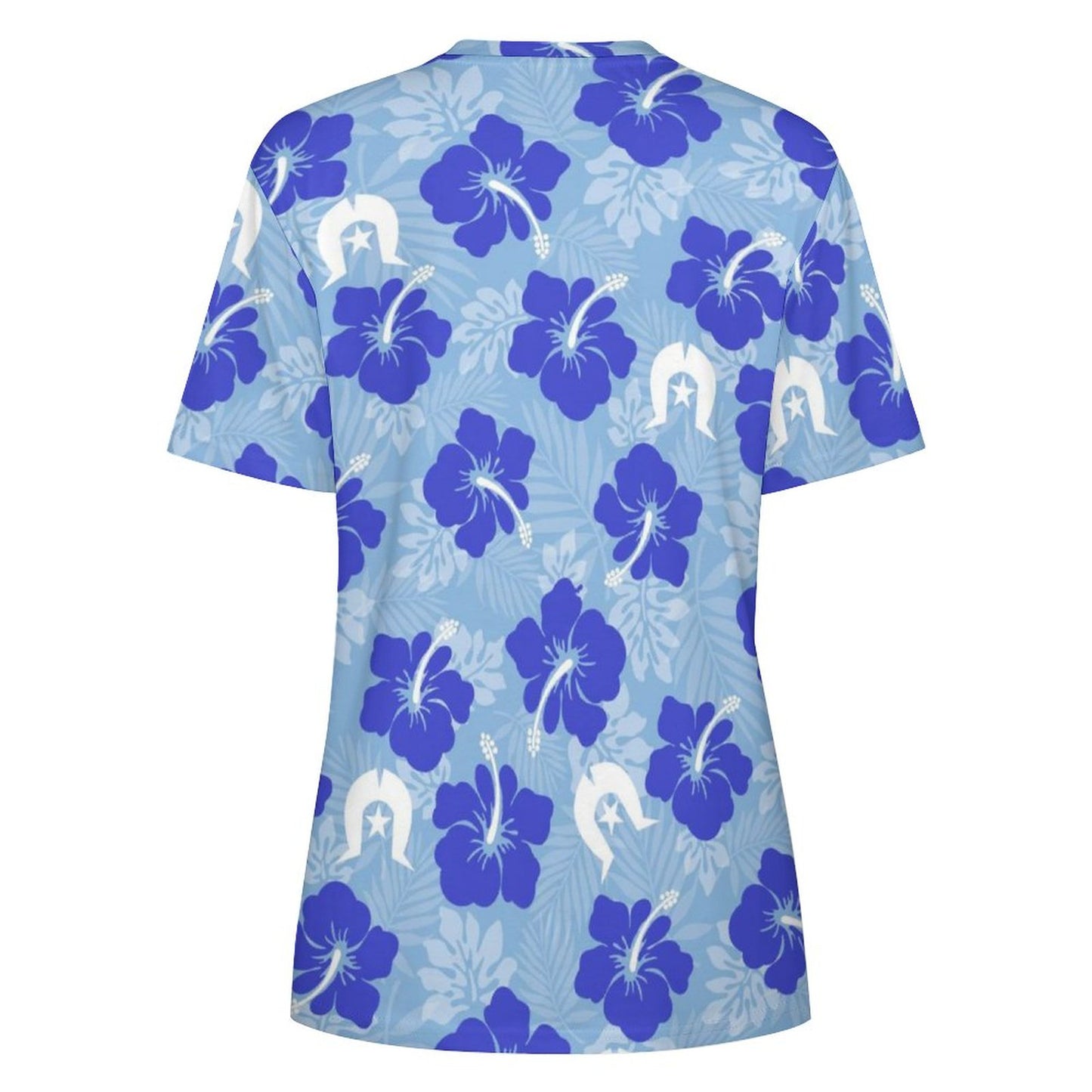 Hibiscus flowers with White Dhari (Sky blue) on Cotton Summer Short Sleeve T-Shirts for Women