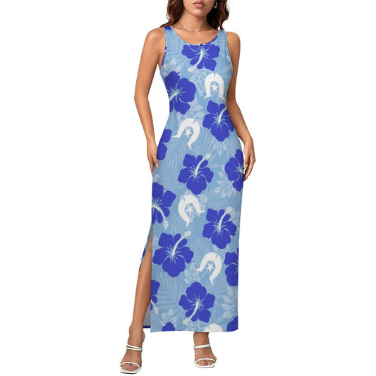 Hibiscus flowers with White Dhari (Sky blue) on 180gsm Slit Fitted Camisole Cheongsam