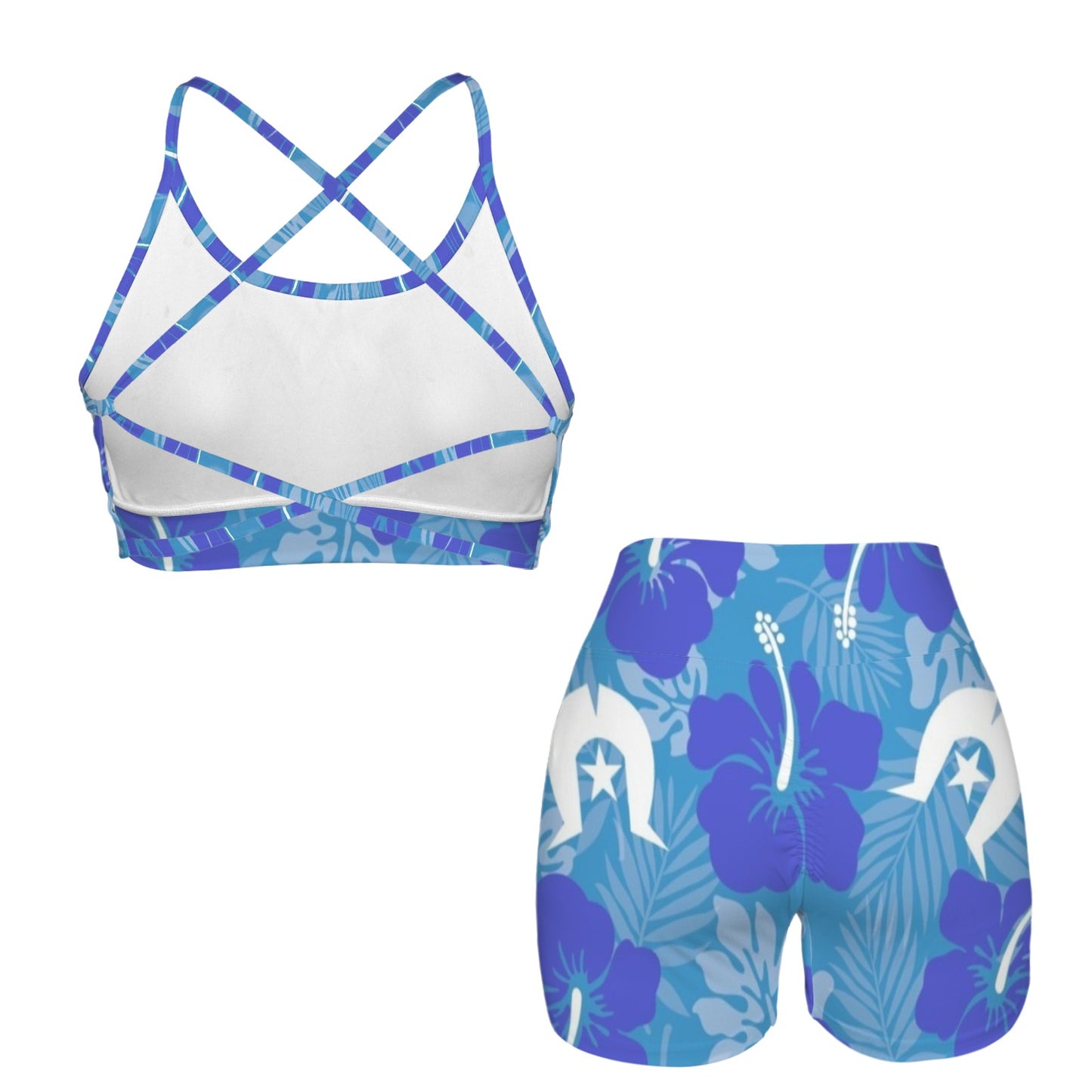 Hibiscus flowers with Dhari (Royal blue) on Cross Back String Sports Bra & High Waist Shorts Active Sets