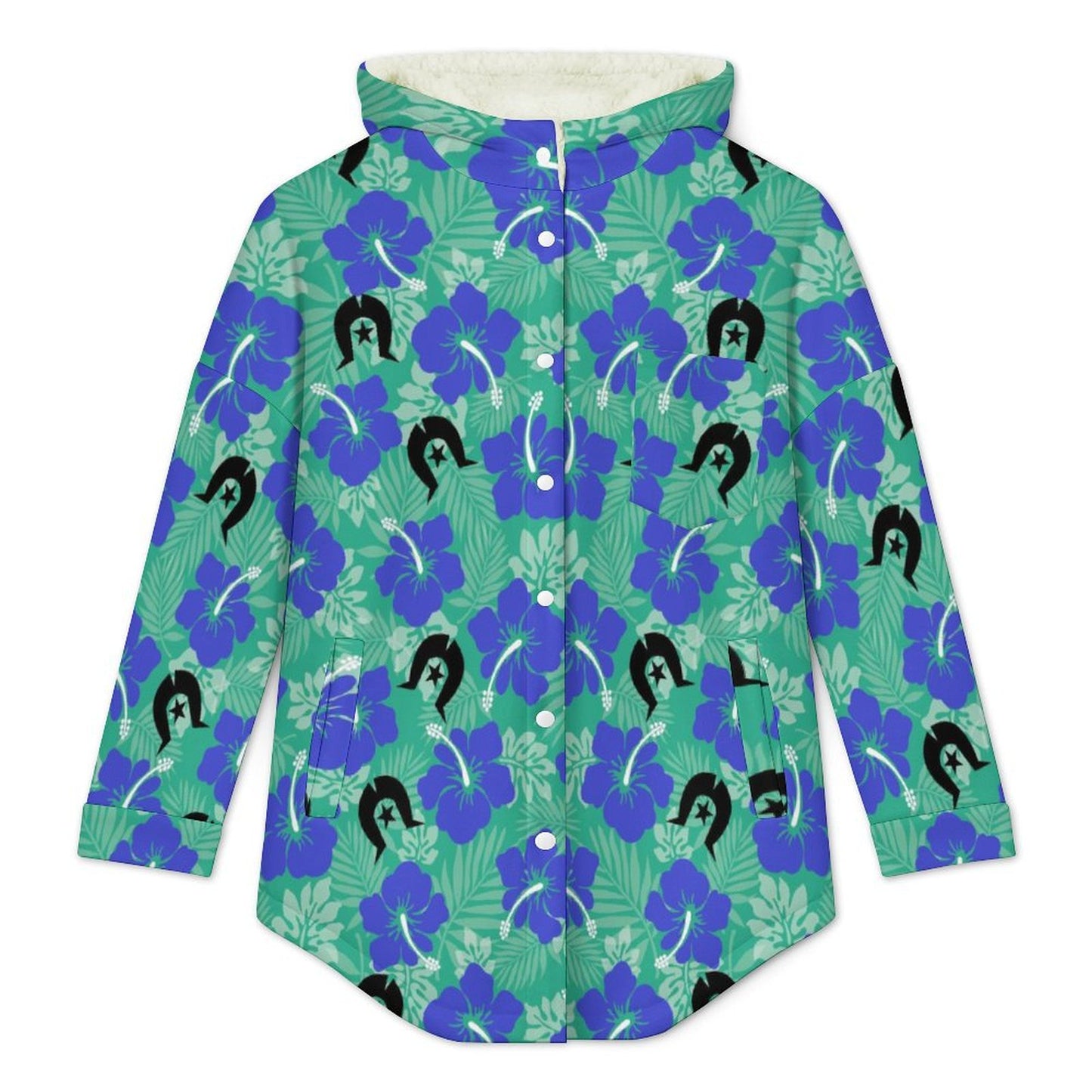 Royal Blue Hibiscus flowers with Black Dhari on Women's Full Snap Fleece Jacket