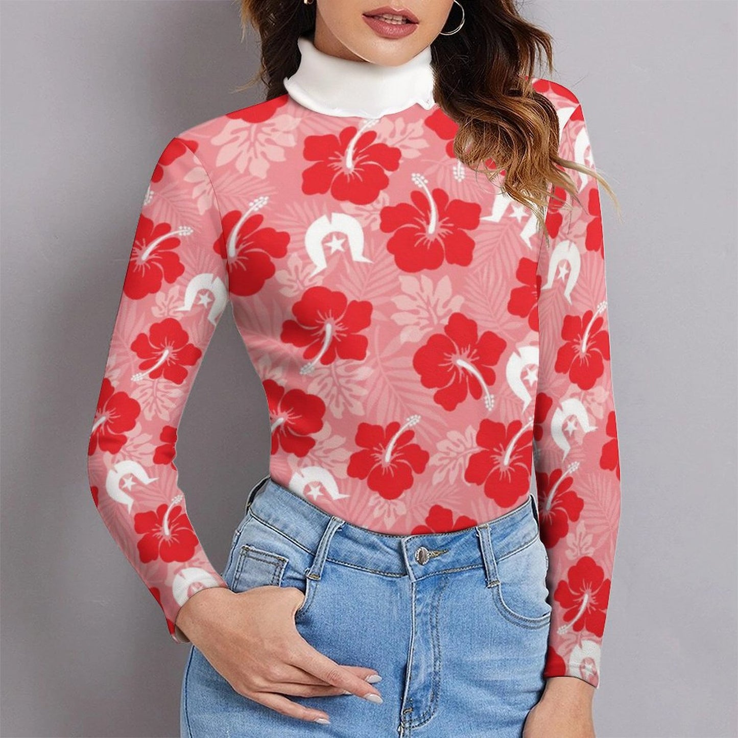 Hibiscus flowers with Dhari (Royal Pink) on Women Long Sleeve Turtleneck Sweater