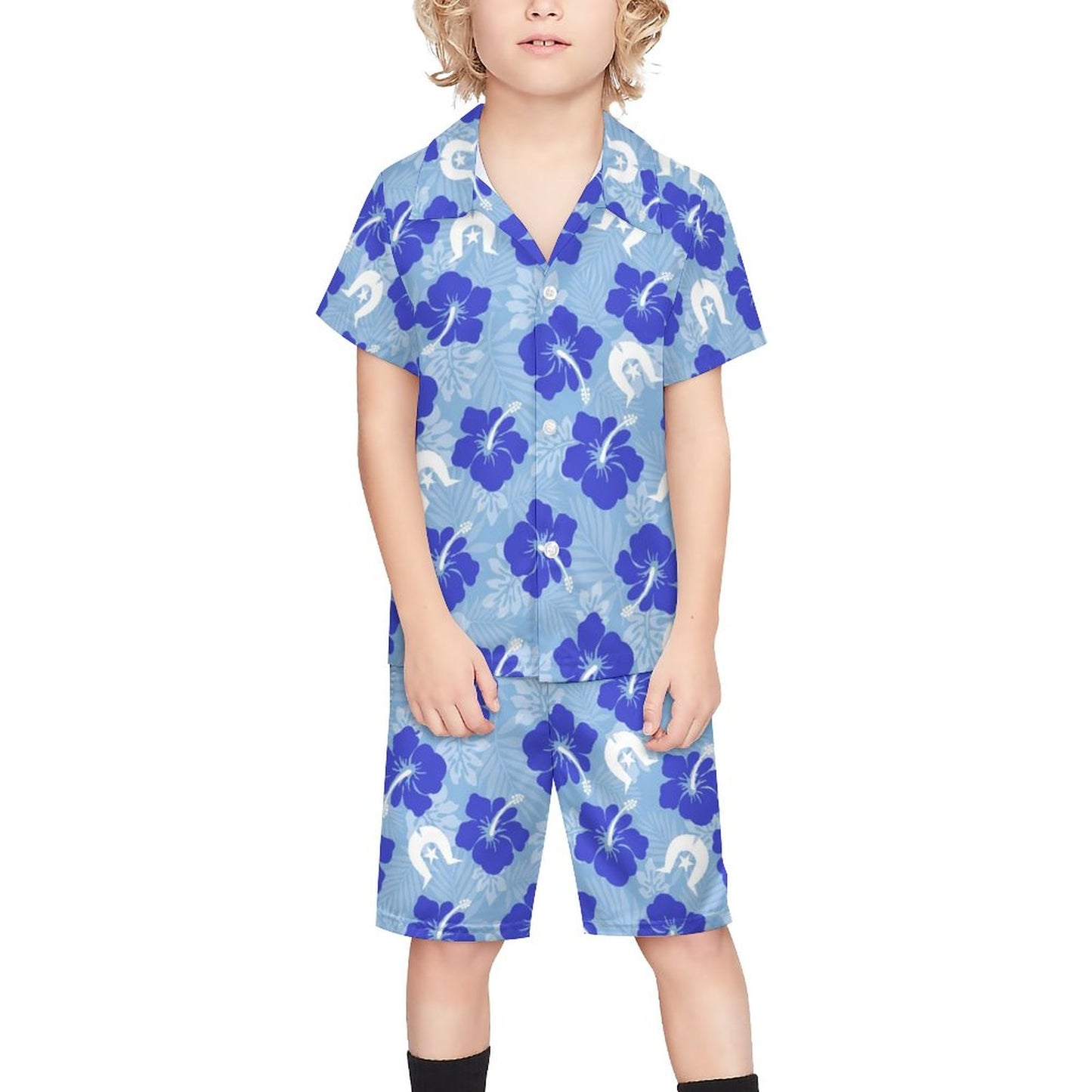 Hibiscus flowers with White Dhari (Sky blue) on Youth's/Kid's Casual Beach Outfit