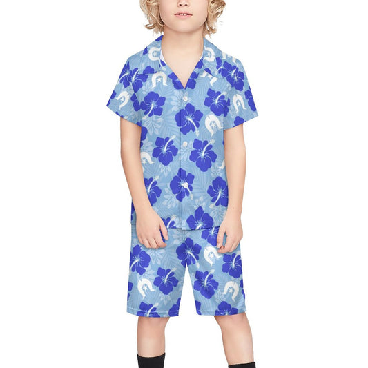 Hibiscus flowers with White Dhari (Sky blue) on Youth's/Kid's Casual Beach Outfit