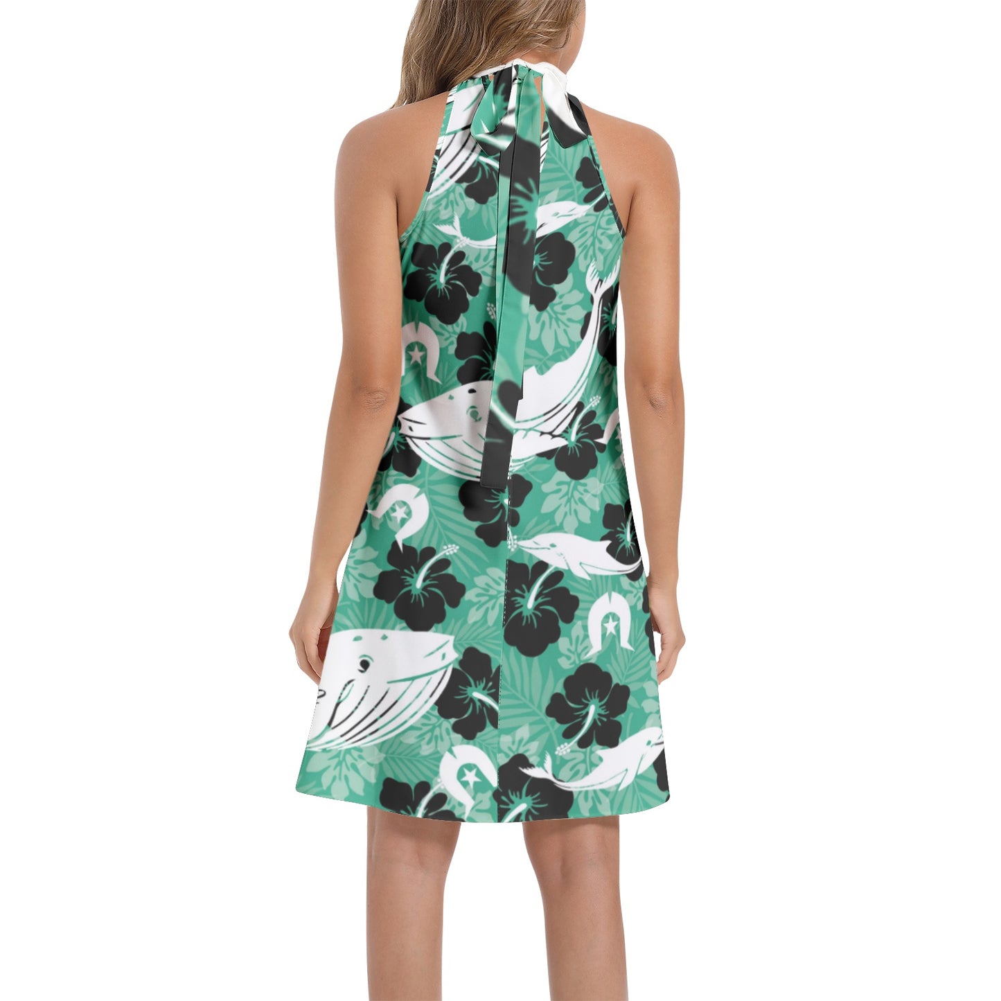 Black Hibiscus with Whale, Dolphin and Dhari on Tie Back Halter Neck Flared Dress