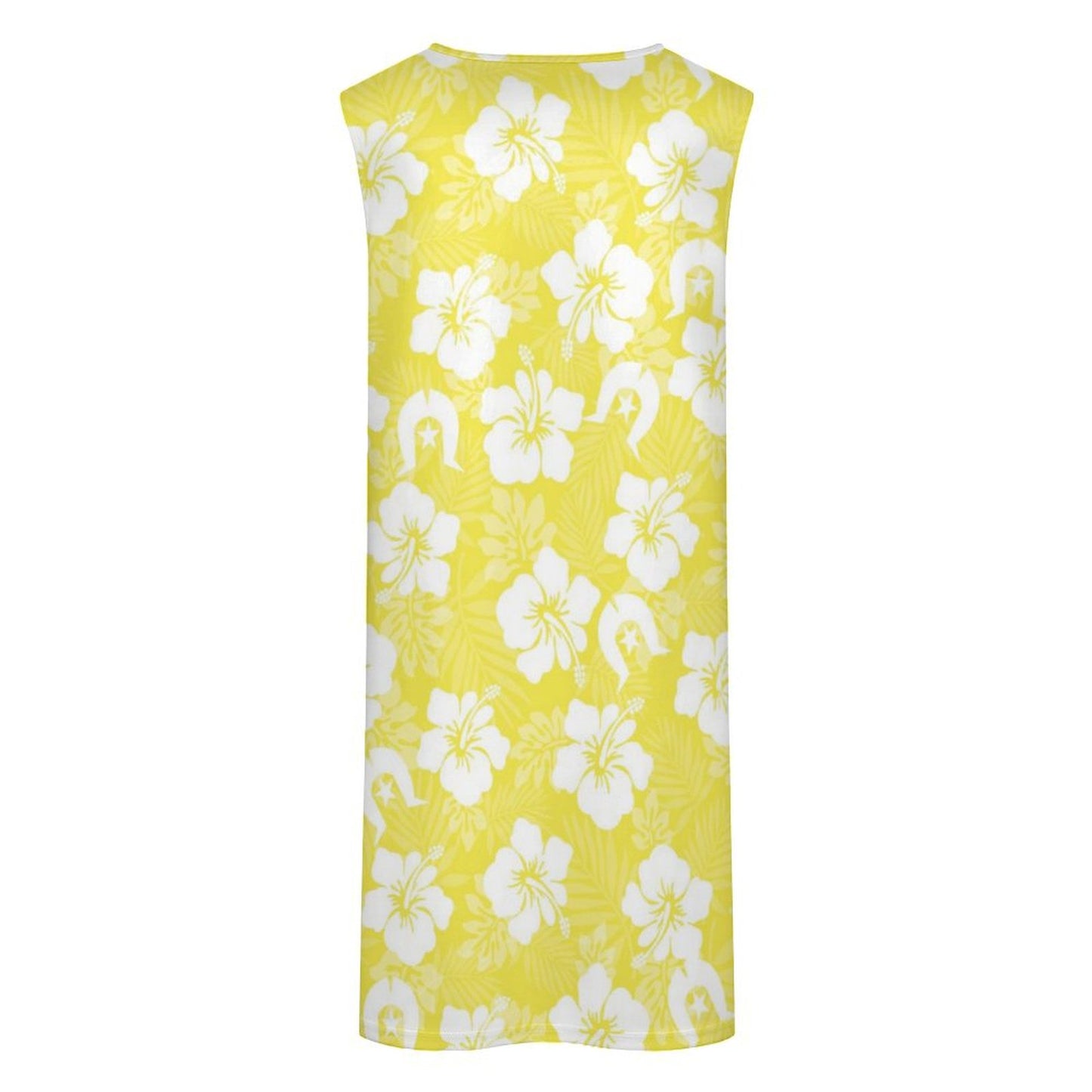 White Hibiscus flowers with Dhari (Yellow) on Sleeveless Pocket Dress
