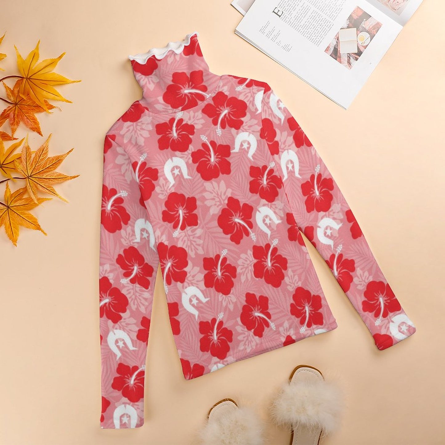 Hibiscus flowers with Dhari (Royal Pink) on Women Long Sleeve Turtleneck Sweater