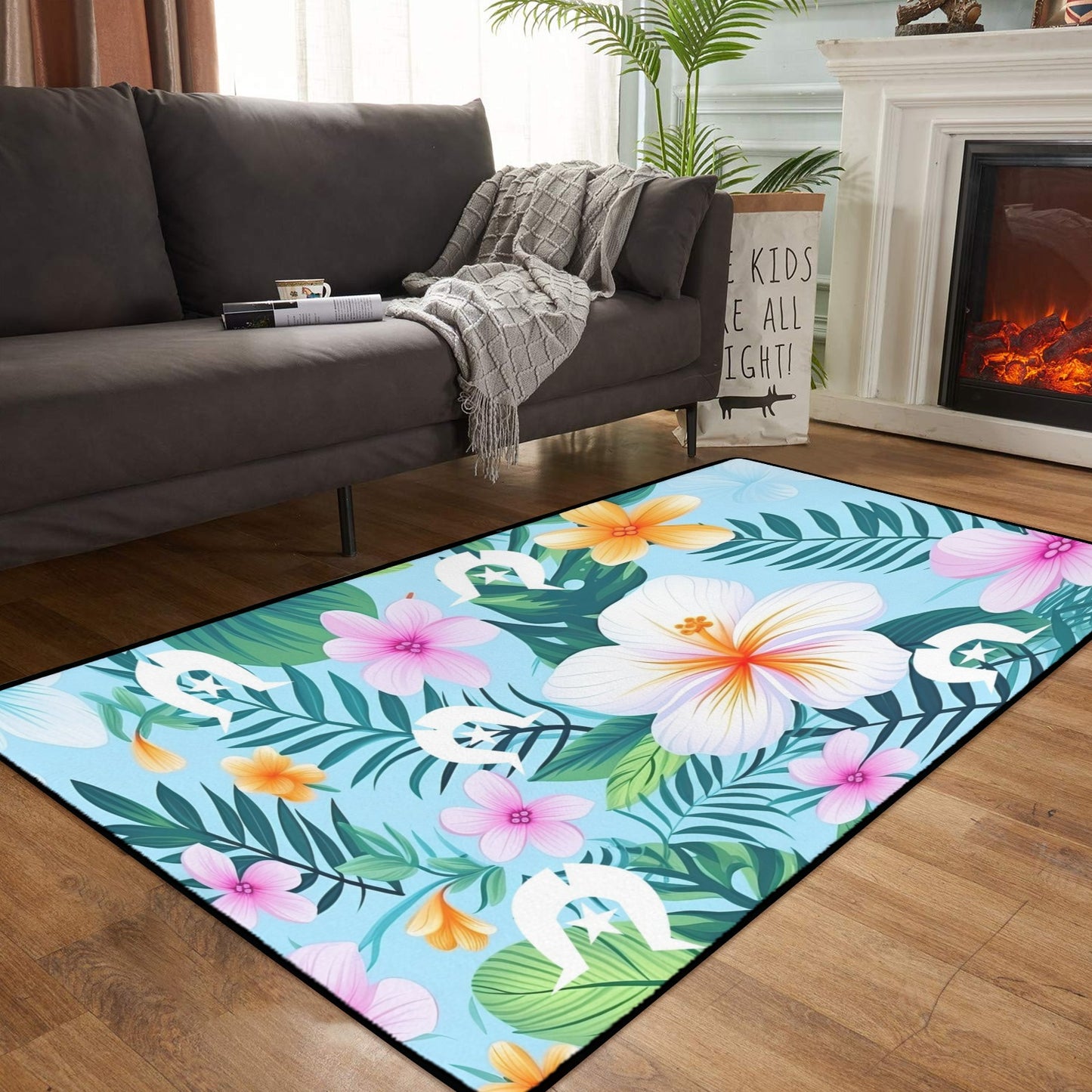 Light Pink Hibiscus flowers with White Dhari on Doormat (90x61cm) (Set of 3)