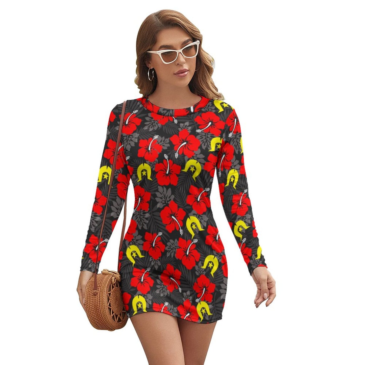 Royal Red Hibiscus with Yellow Dhari on Long Sleeve Dress