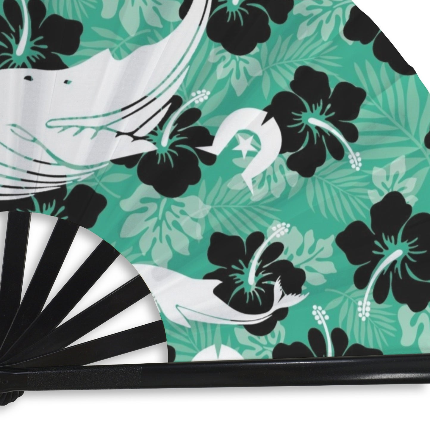Black Hibiscus with Whale, Dolphin and Dhari on Folding Clack Fan