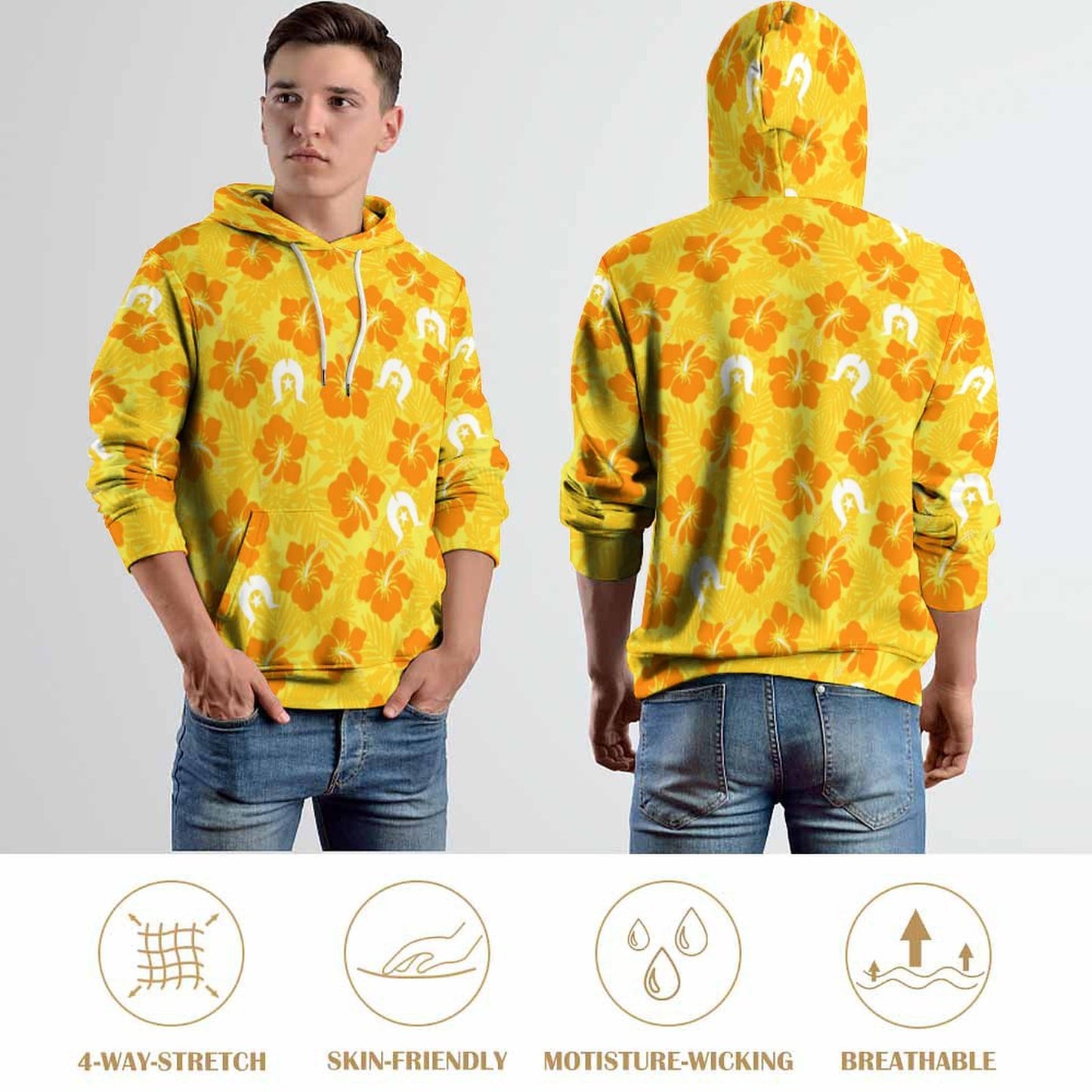 Hibiscus flowers with Dhari (Gold) on Men's Cool Hoodie with Double-layer Cap