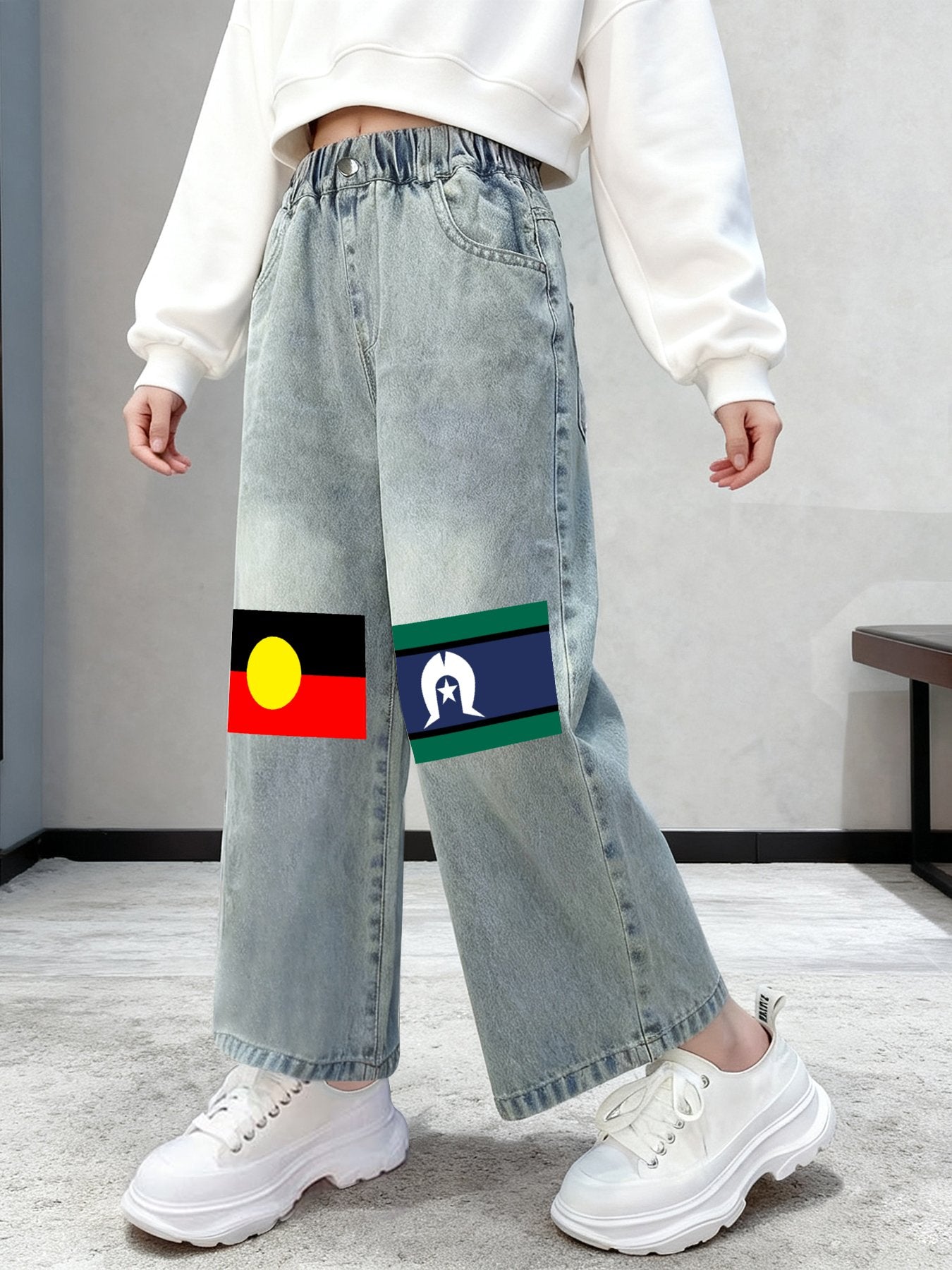 Aboriginal and Torres Strait flag on Children's Cropped Jeans