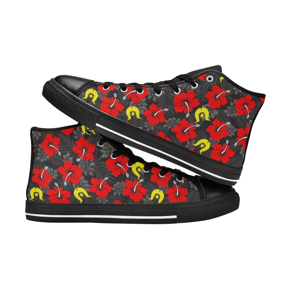 Royal Red Hibiscus with Yellow Dhari on Women's High Top Canvas Shoes