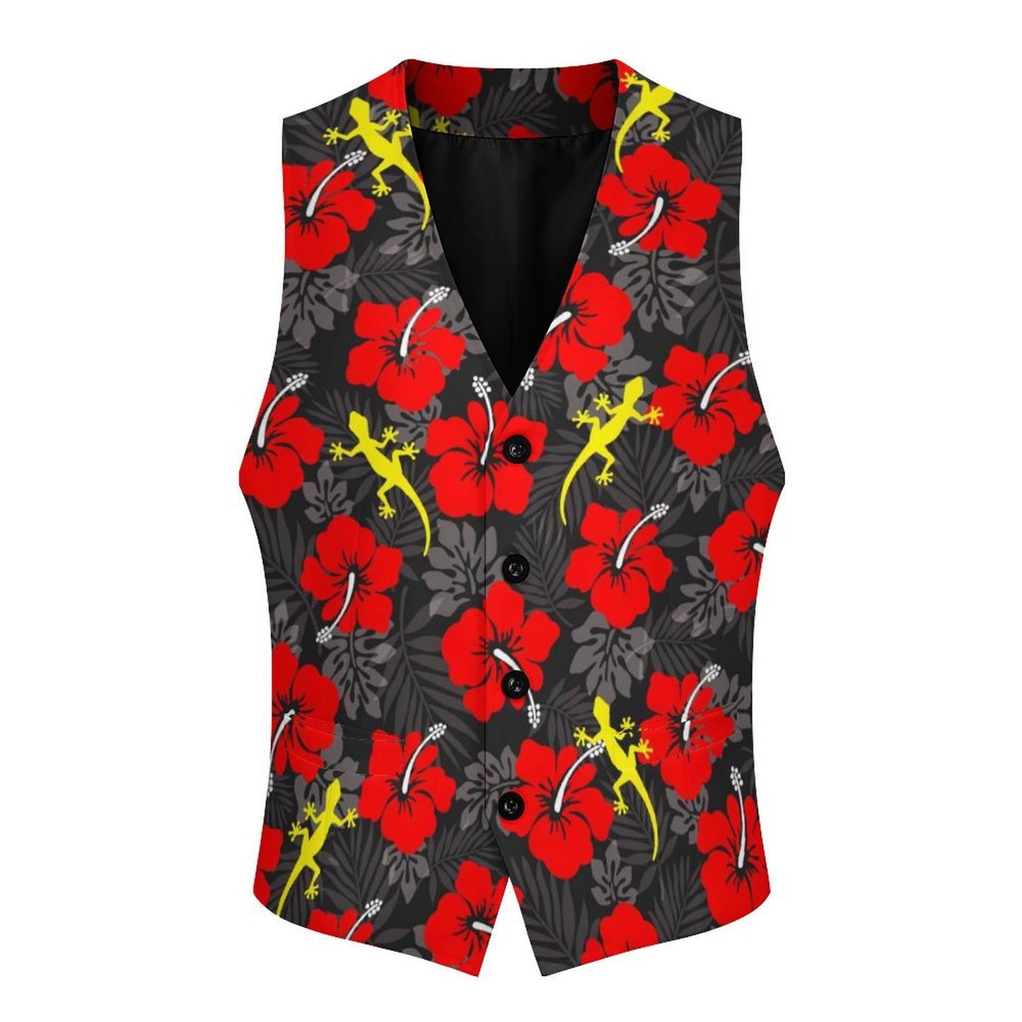 Royal Red Hibiscus flowers with Gecko on Men's Sleeveless Suit Vest