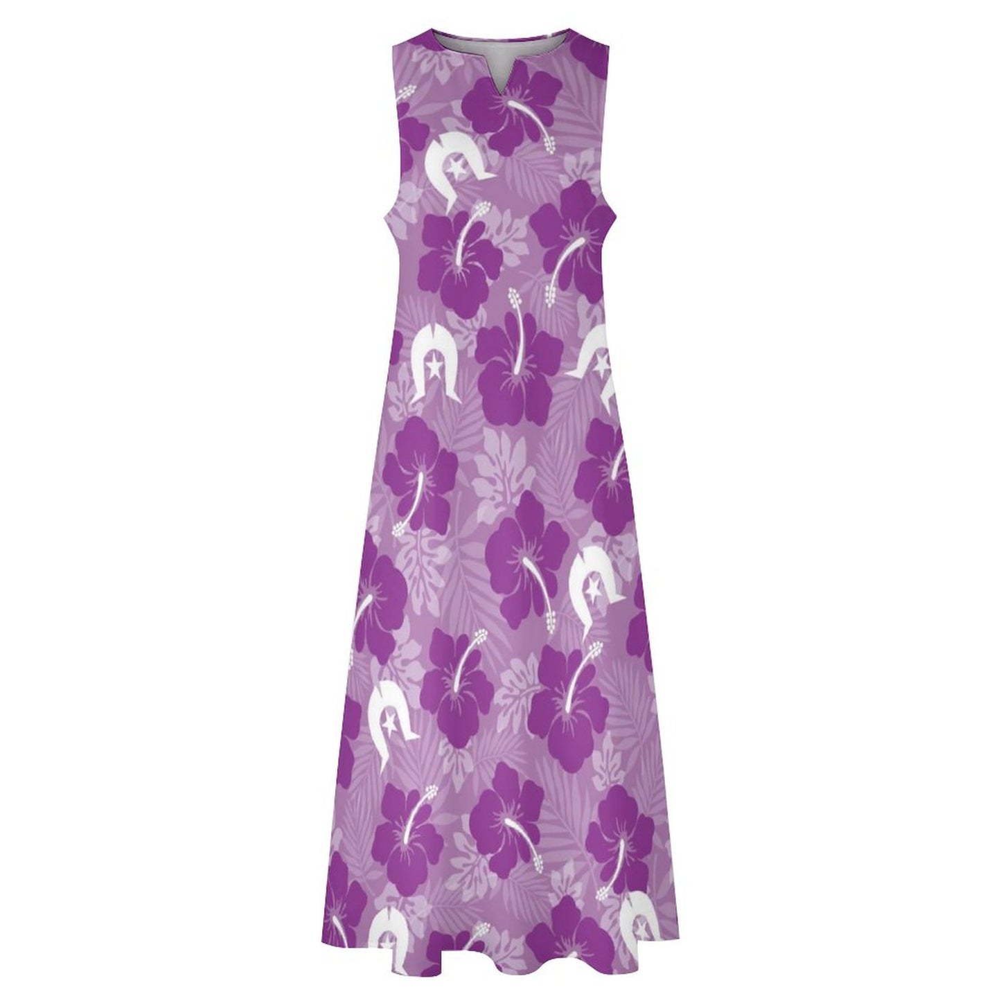 Hibiscus flowers with Dhari (Royal purple) on Sleeveless Ankle-length Dress
