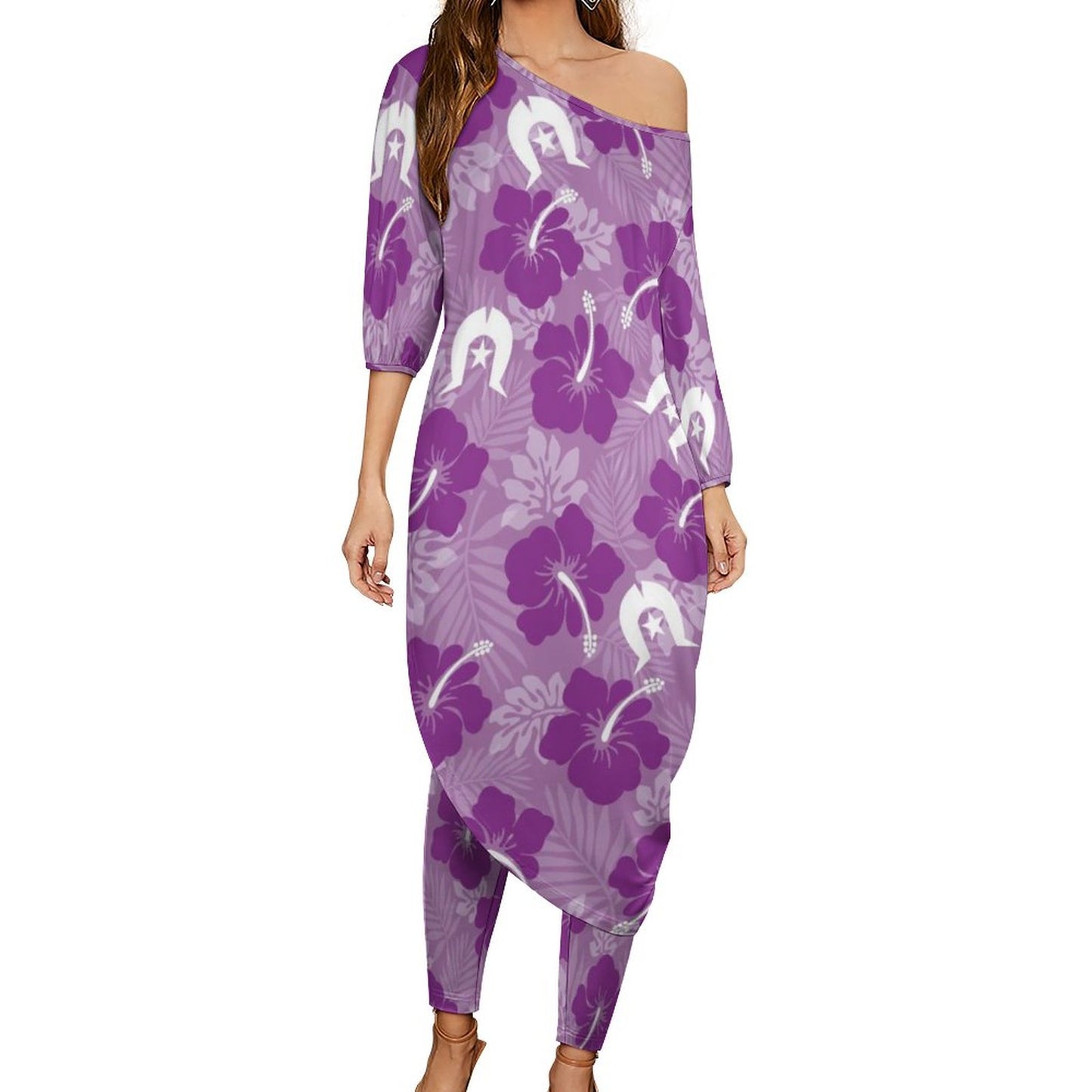 Hibiscus flowers with Dhari (Royal purple) on Diagonal Shoulder Two Piece Set
