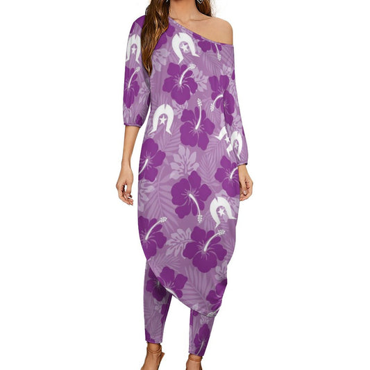 Hibiscus flowers with Dhari (Royal purple) on Diagonal Shoulder Two Piece Set