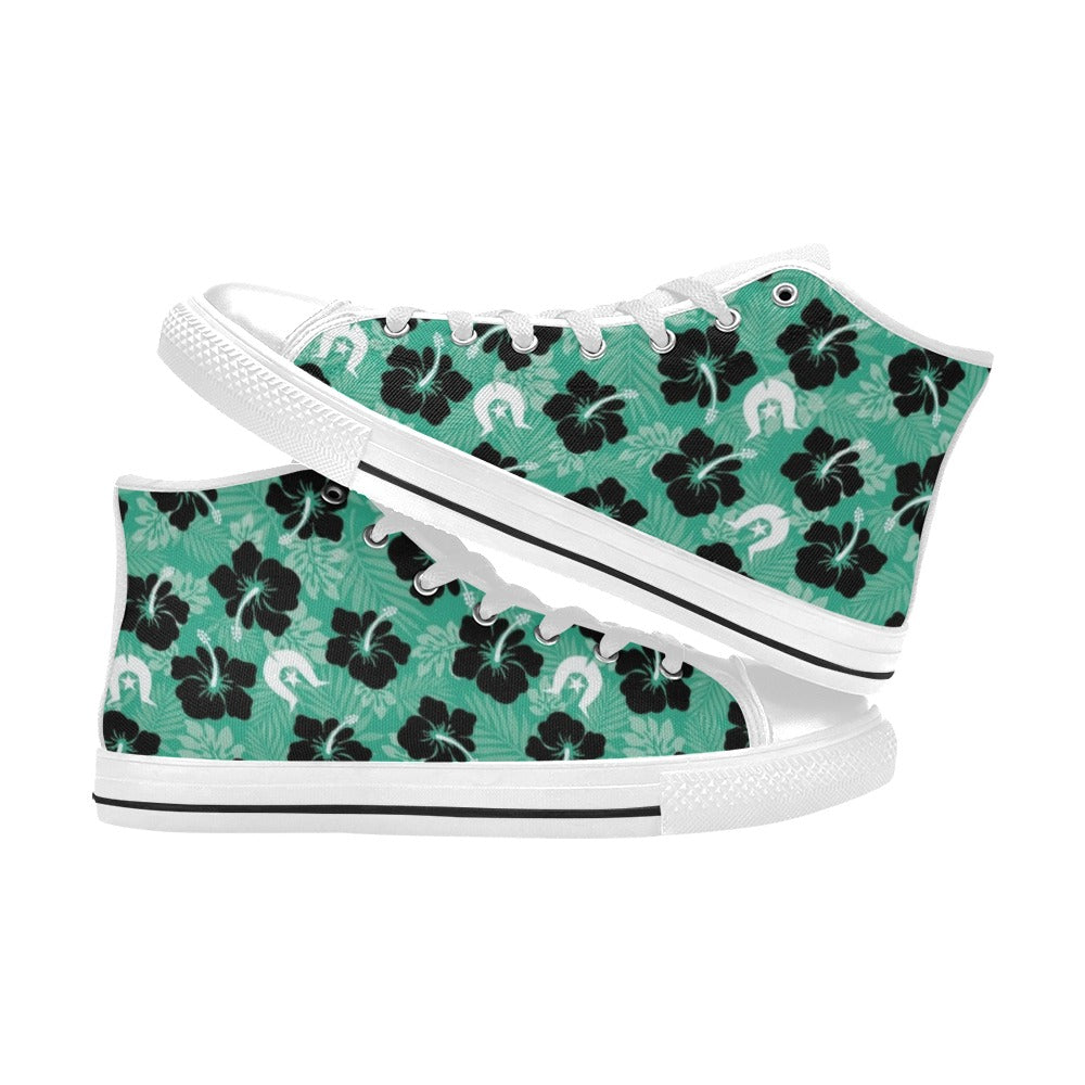 Black Hibiscus with White Dhari on Women's High Top Canvas Shoes