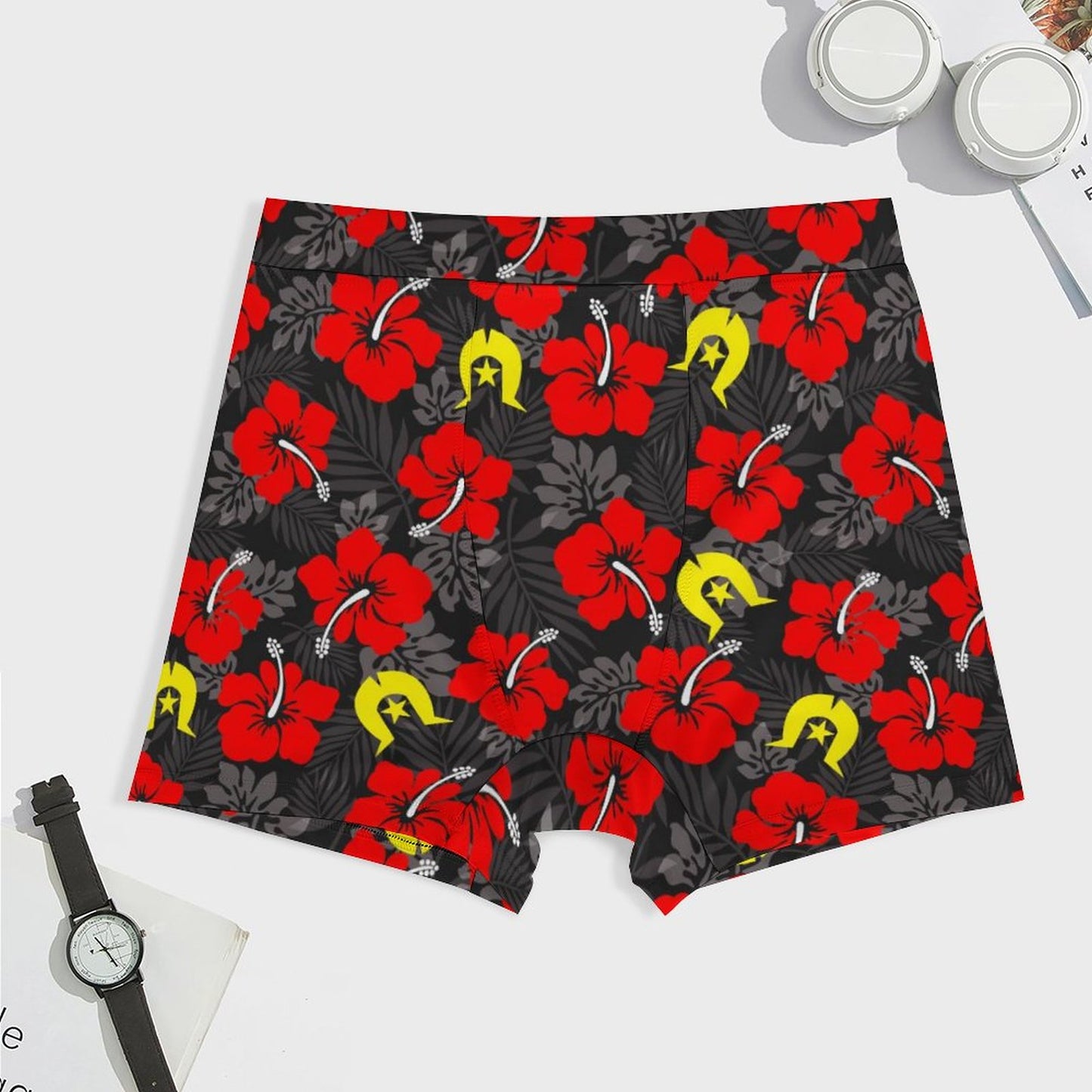 Royal Red Hibiscus with Yellow Dhari on Milk Fiber Boxer Shorts for Men