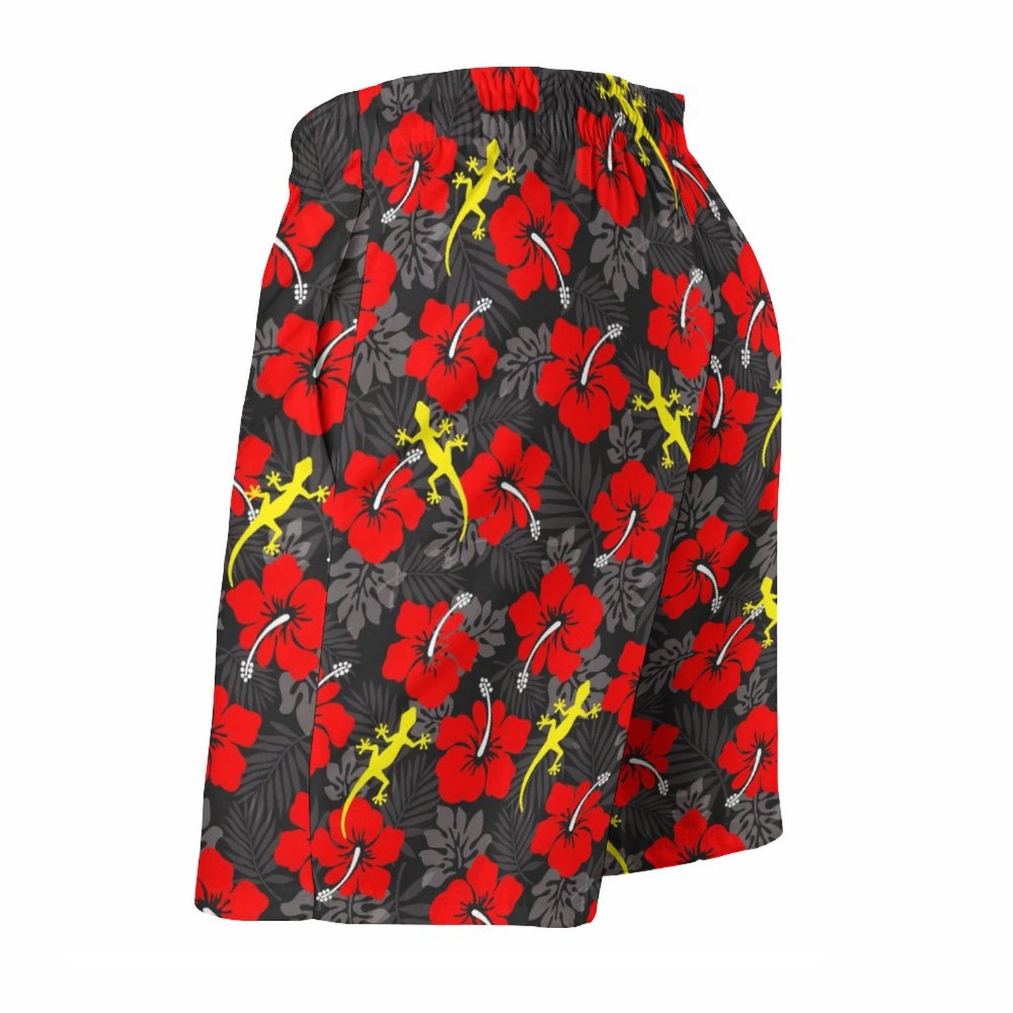Royal Red Hibiscus flowers with Gecko on Men's Board Shorts