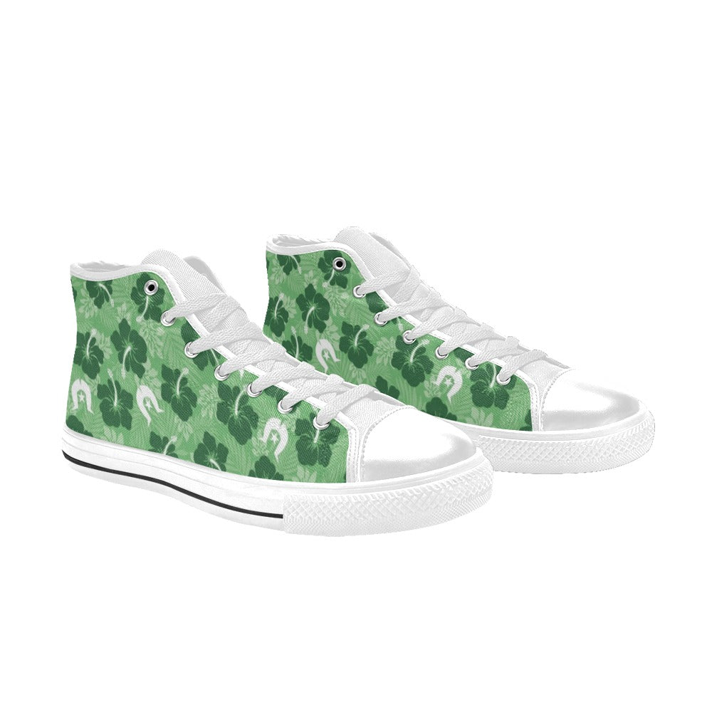 Hibiscus flowers with White Dhari (Sea Grass Green) on Women's High Top Canvas Shoes