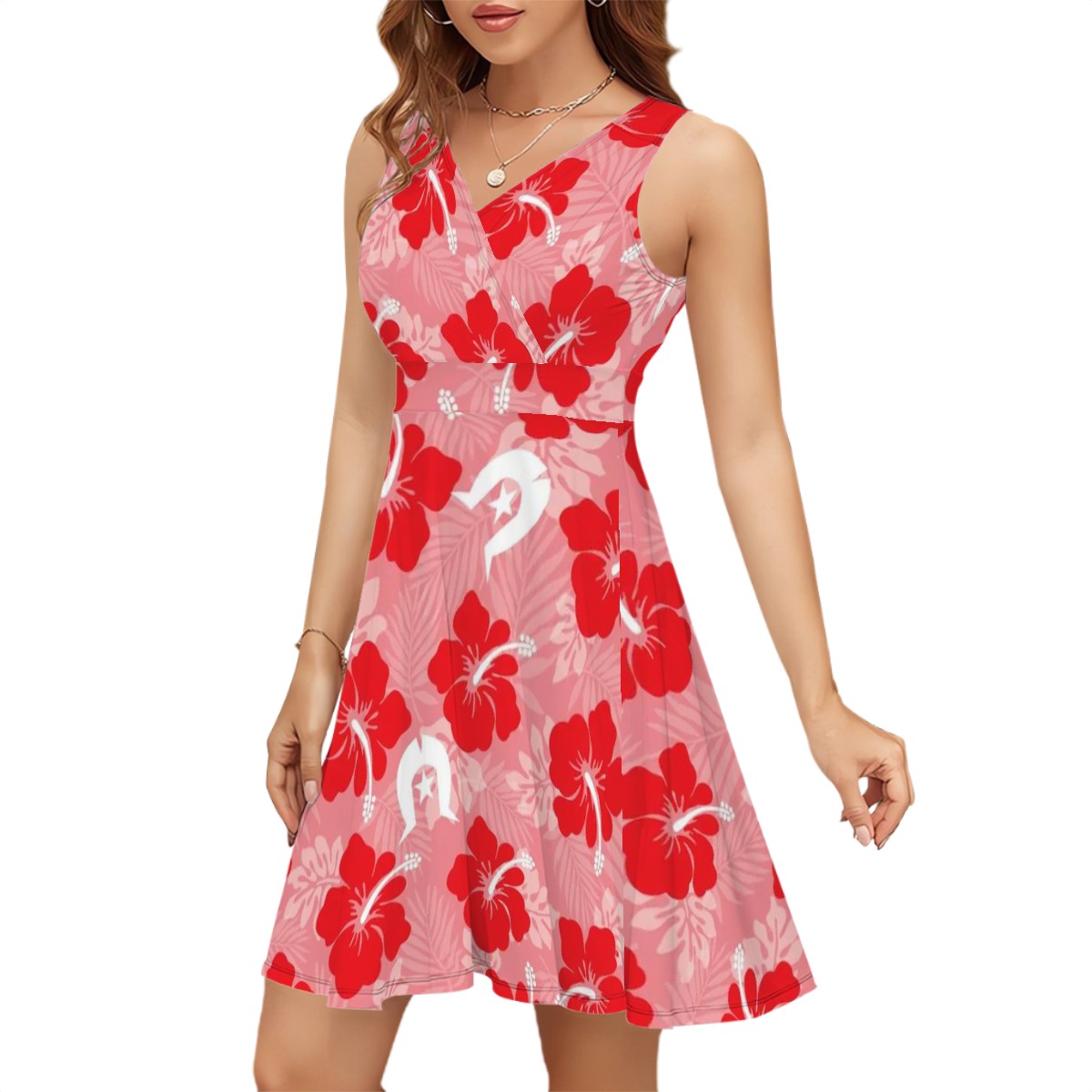 Hibiscus flowers with Dhari (Royal Pink) on Sleeveless V Neck Dress