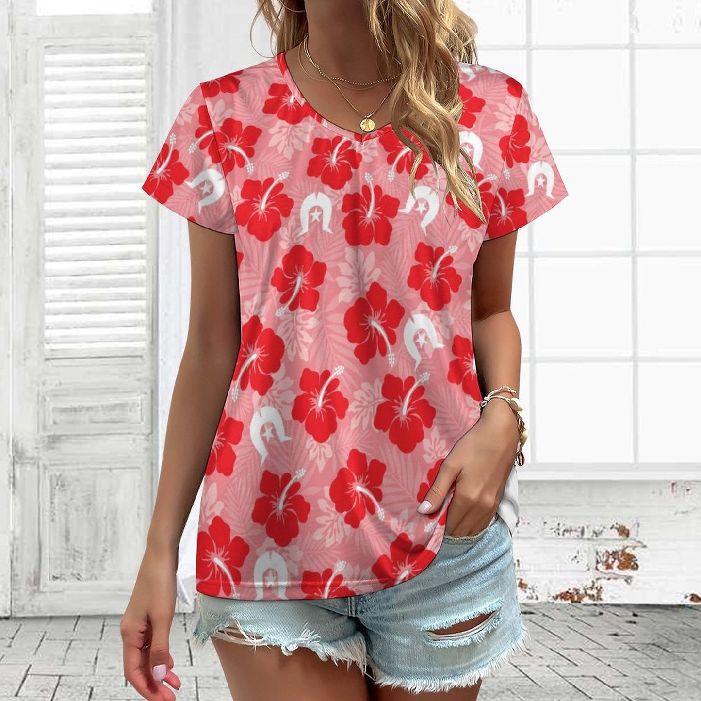 Hibiscus flowers with Dhari (Royal Pink) on V-neck Short Sleeve T-Shirt