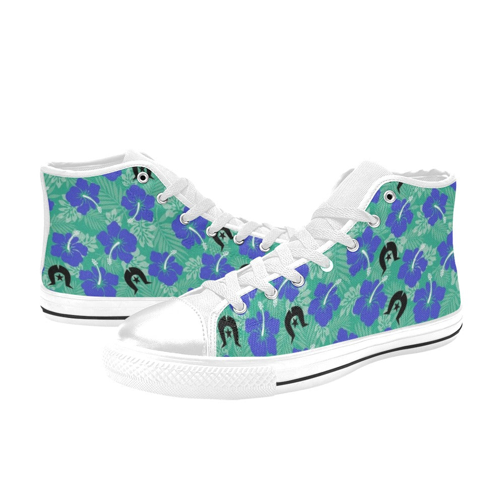 Royal Blue Hibiscus flowers with Black Dhari on Women's High Top Canvas Shoes