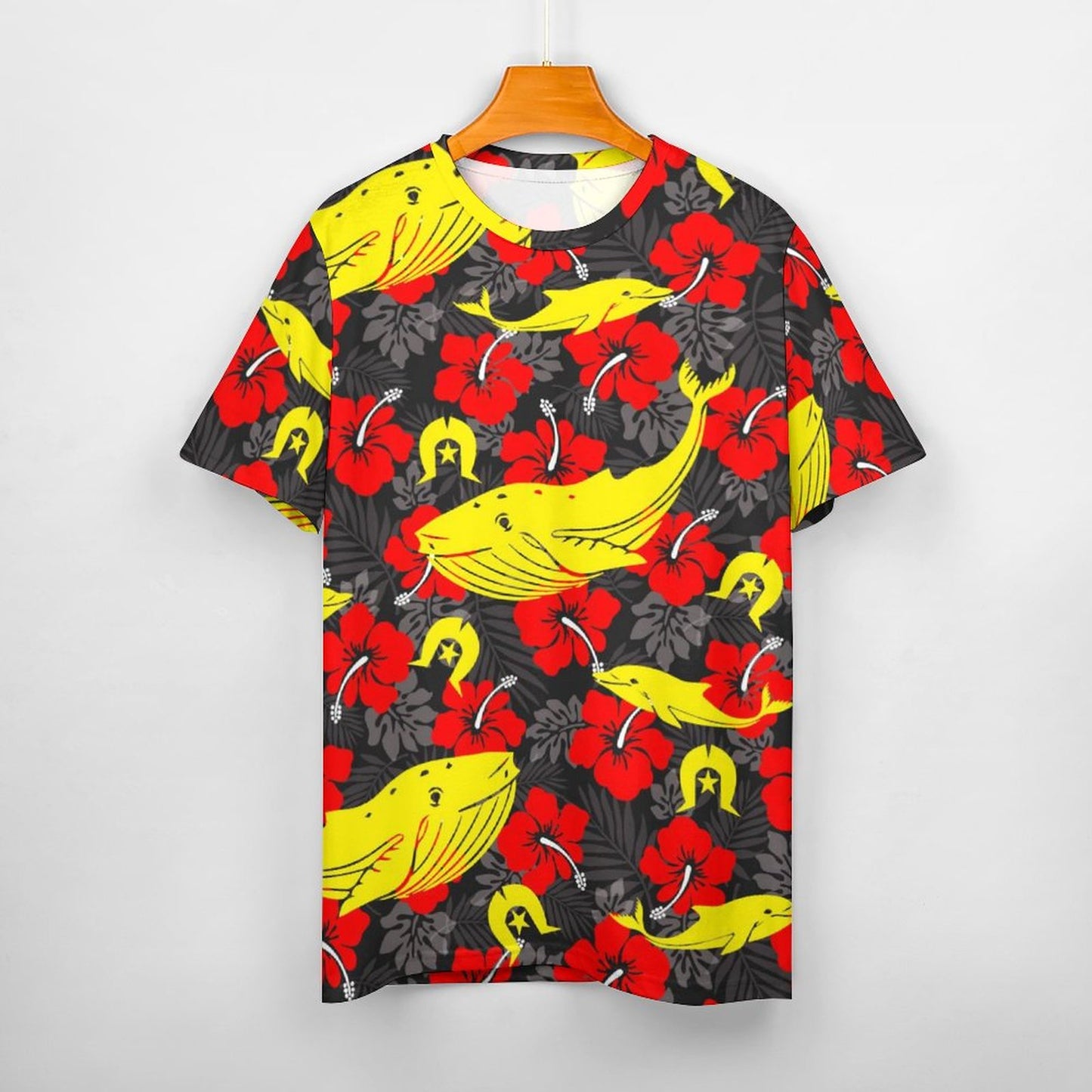 Royal Red Hibiscus with Yellow Dhari, Whale and Dolphin on Cotton Summer Short Sleeve T-Shirts for Women