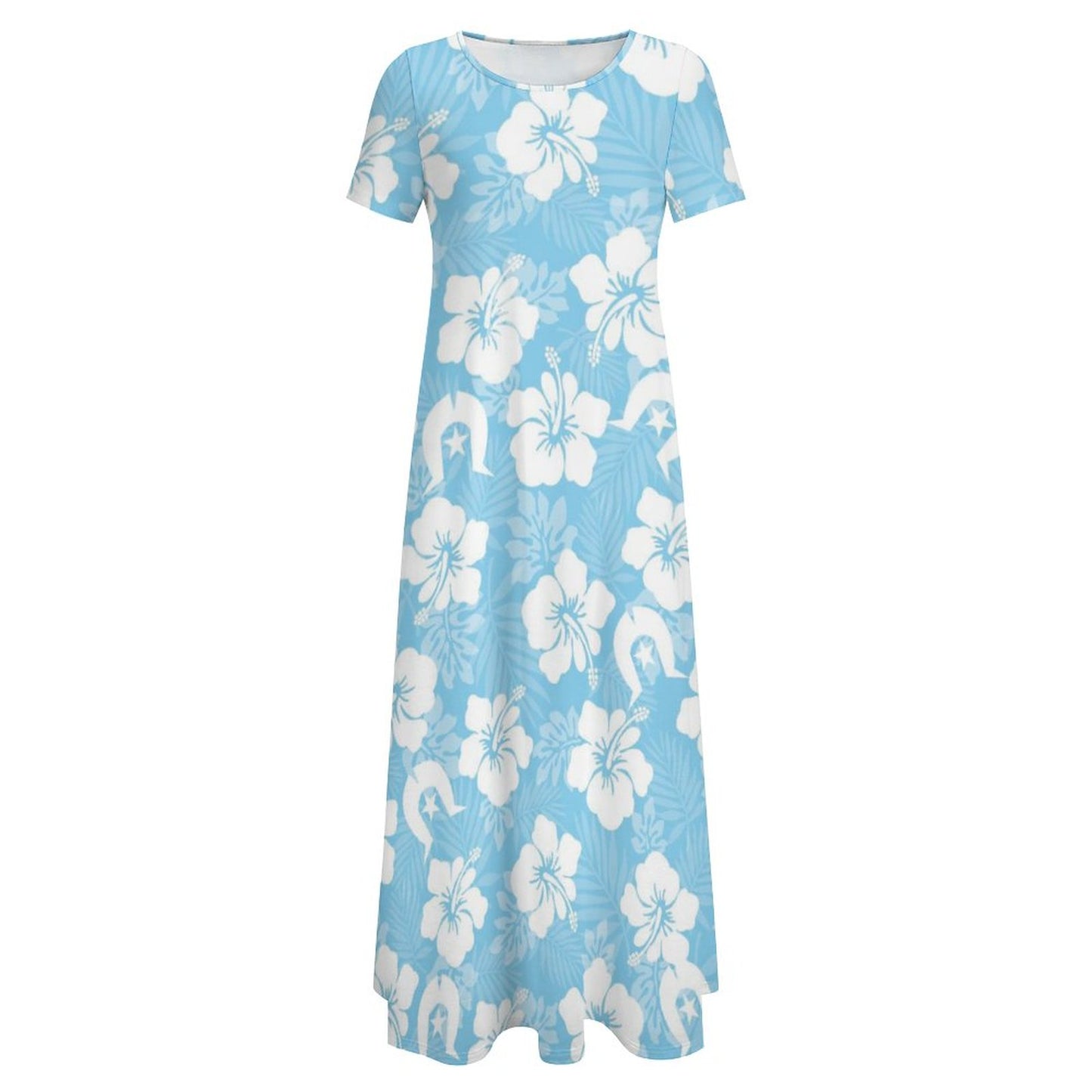 White Hibiscus and Dhari (blue) on Round Neck Short Sleeve Dress