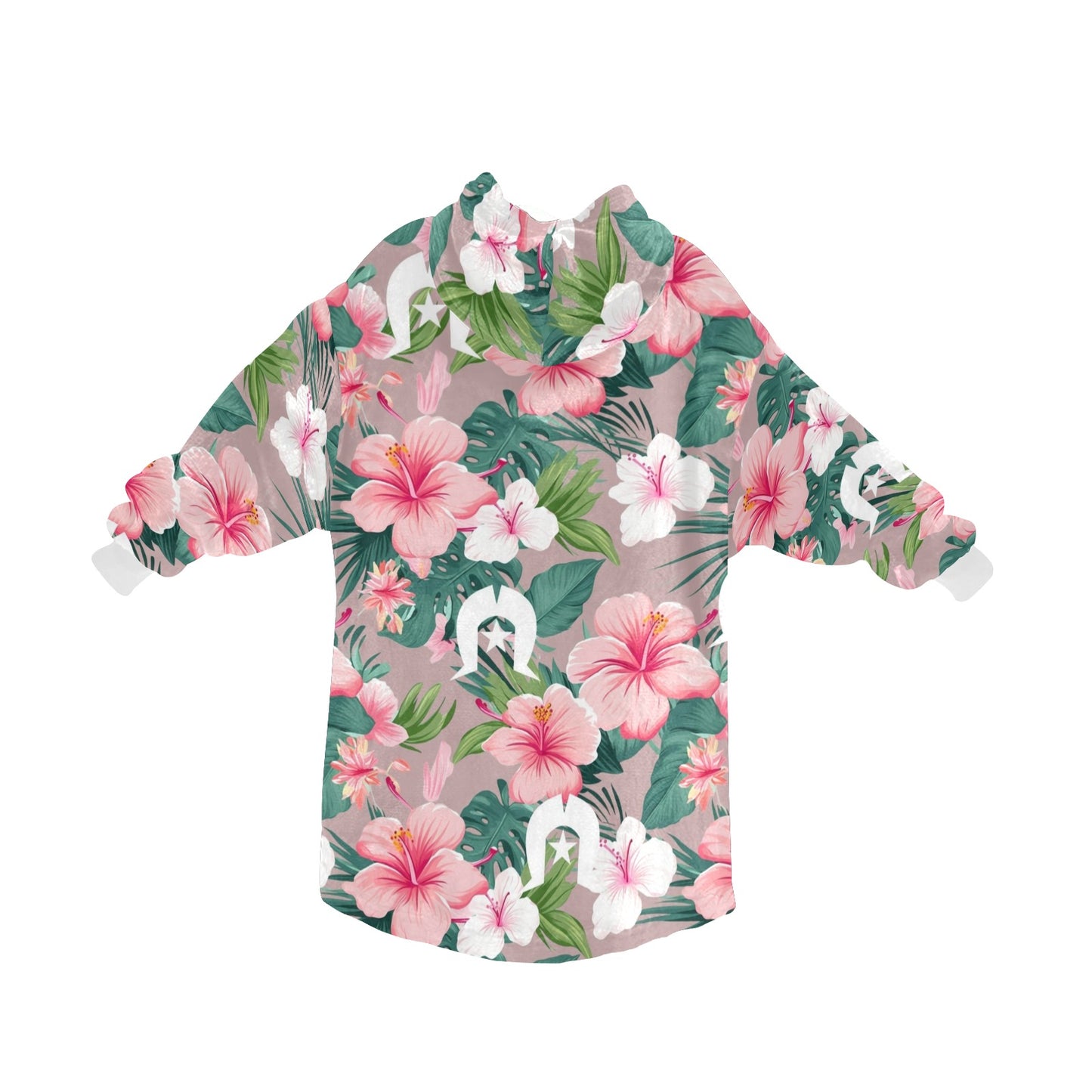 Pink Hibiscus flowers with White Dhari on Blanket Hoodie for Kids