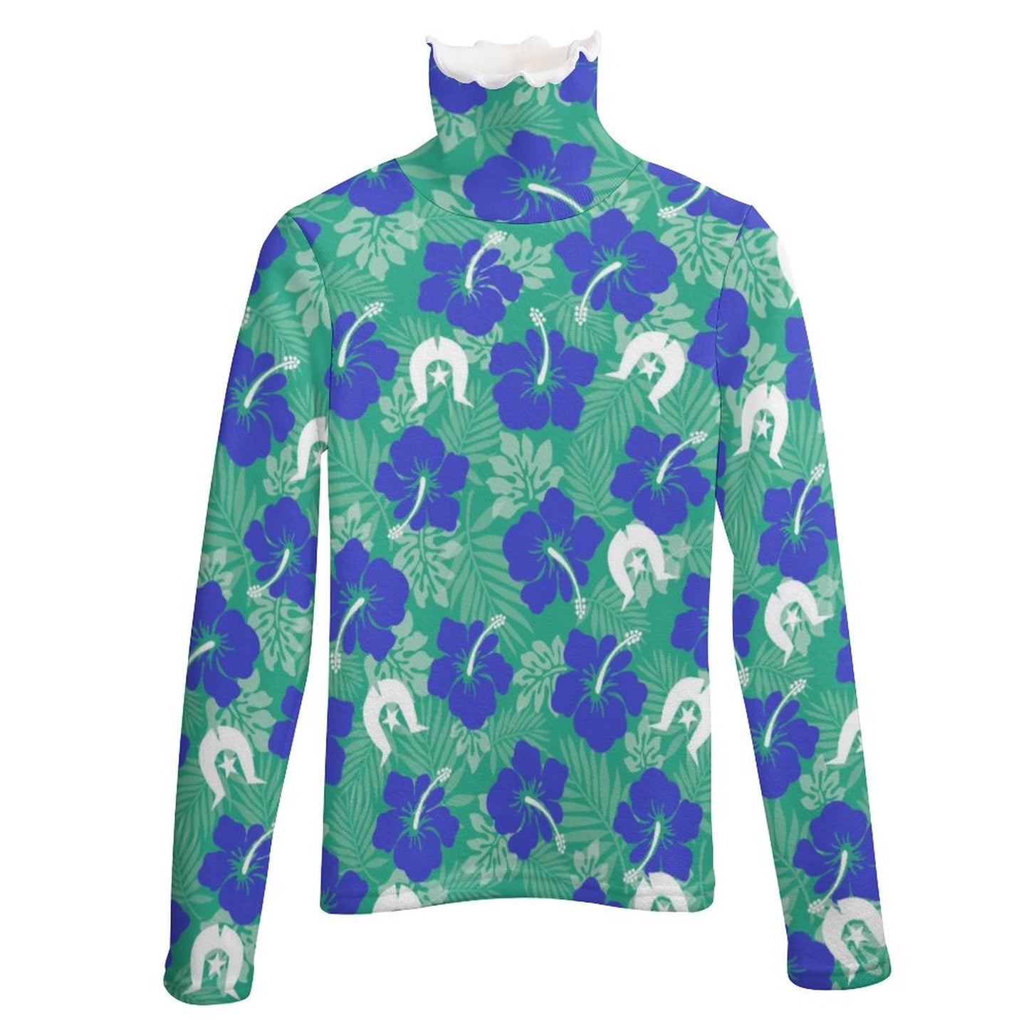 Royal Blue Hibiscus flowers with Dhari on Women Long Sleeve Turtleneck Sweater
