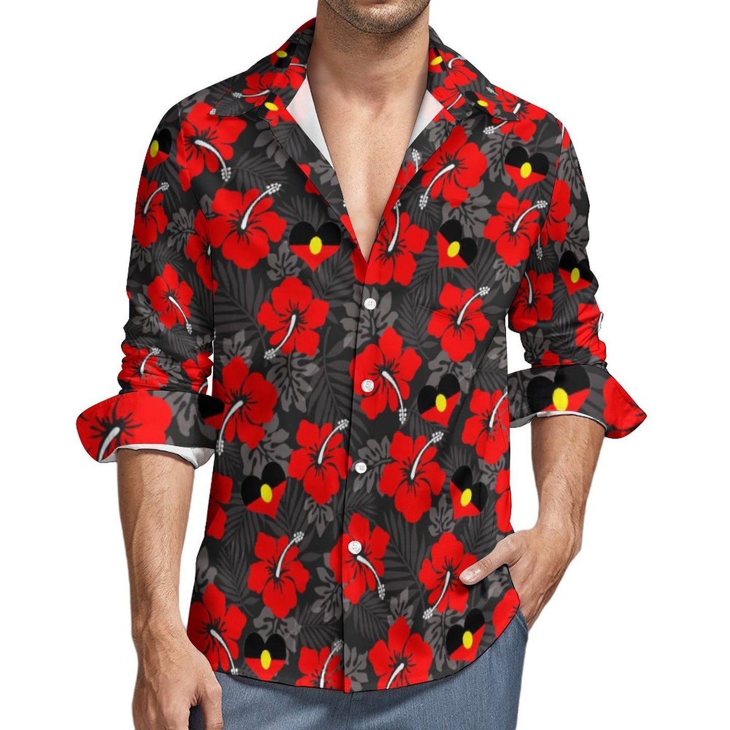 Hibiscus flowers with Aboriginal Heart Flag on Men's Long Sleeve Shirt