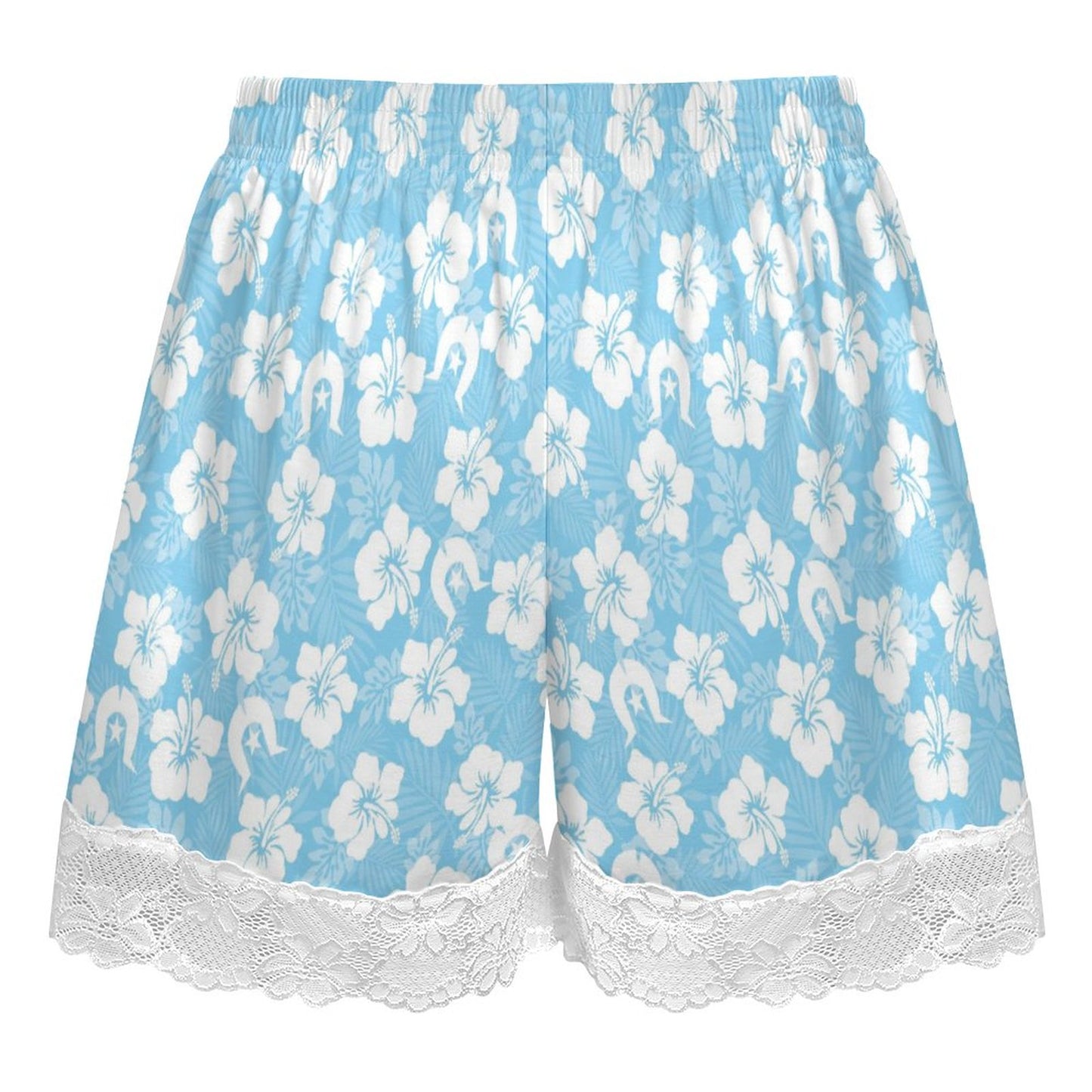 White hibiscus and Dhari (Blue) on 200gsm Women's Lace Trim Pajama Shorts