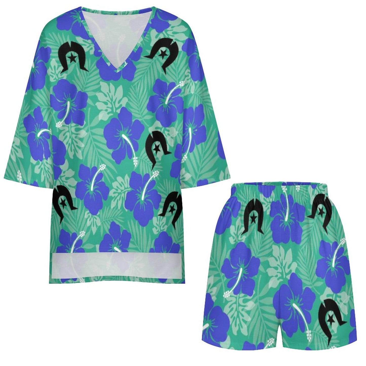 Royal Blue Hibiscus flowers with Black Dhari on  Mediterranean Style V-Neck Suit