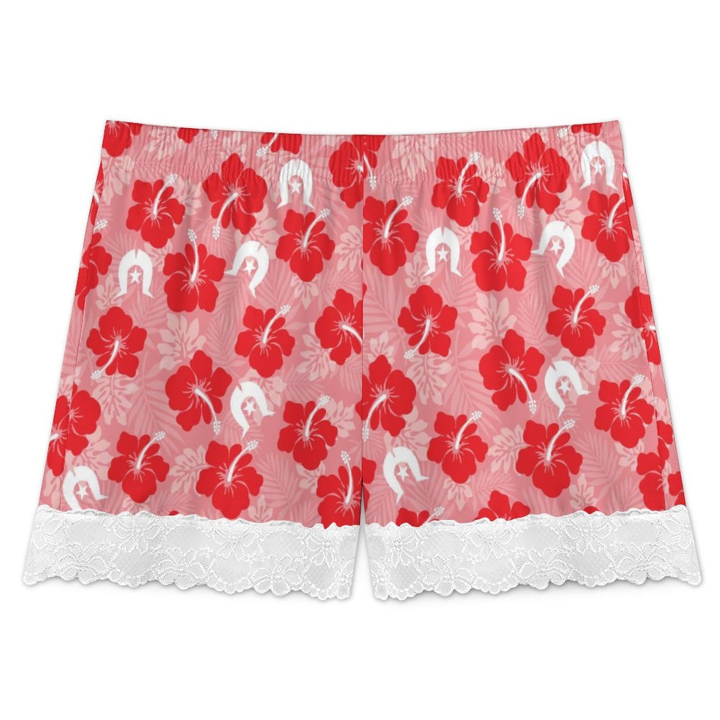 Hibiscus flowers with Dhari (Royal Pink) on 200gsm Women's Lace Trim Pajama Shorts