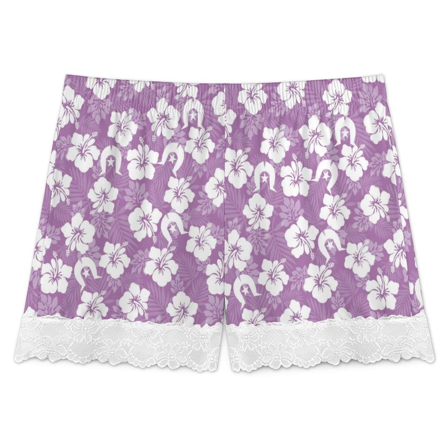 White Hibiscus and Dhari (Purple) on 200gsm Women's Lace Trim Pajama Shorts