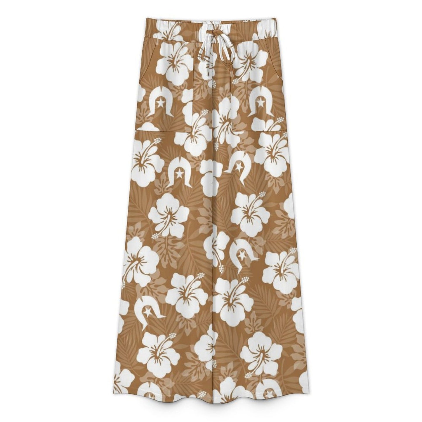 White Hibiscus flowers with Dhari (Brown) on Women’s Wide-Leg Pants