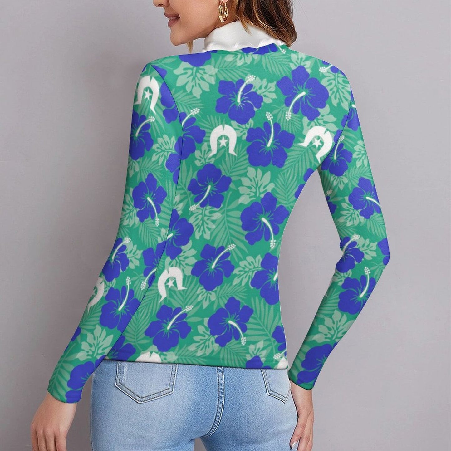 Royal Blue Hibiscus flowers with Dhari on Women Long Sleeve Turtleneck Sweater