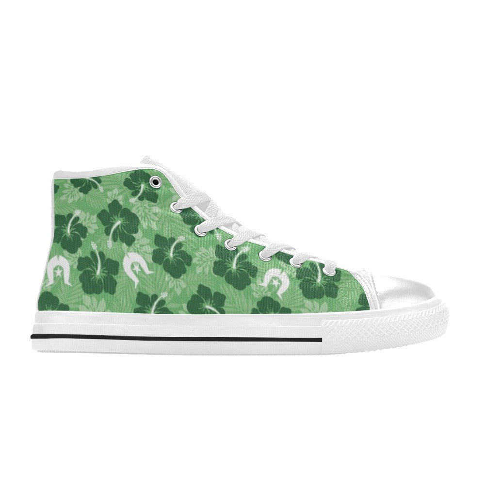 Hibiscus flowers with White Dhari (Sea Grass Green) on Women's High Top Canvas Shoes