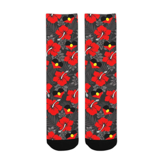 Royal Red Hibiscus and heart shaped Aboriginal flag on Crew Socks (Made In AUS)