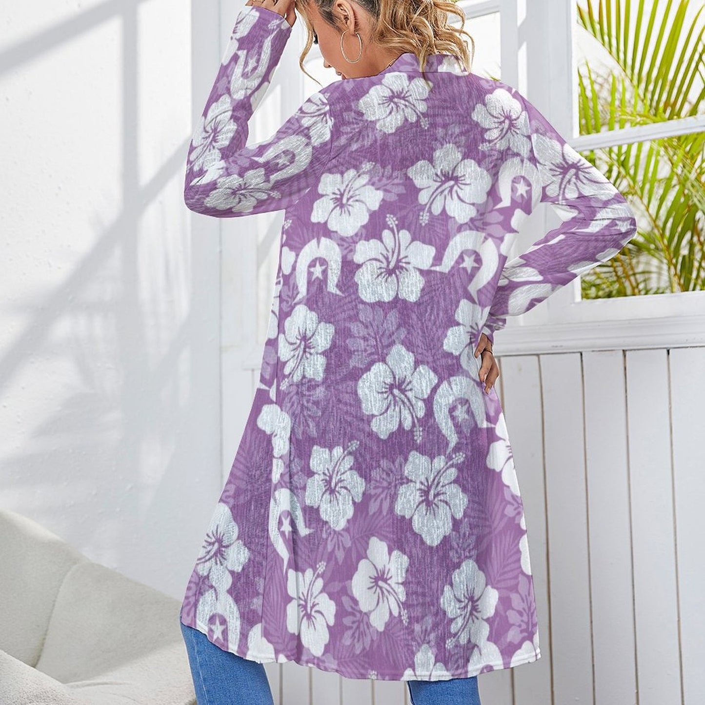 White Hibiscus flowers with Dhari (Purple) on Women's Mid-length Cardigan