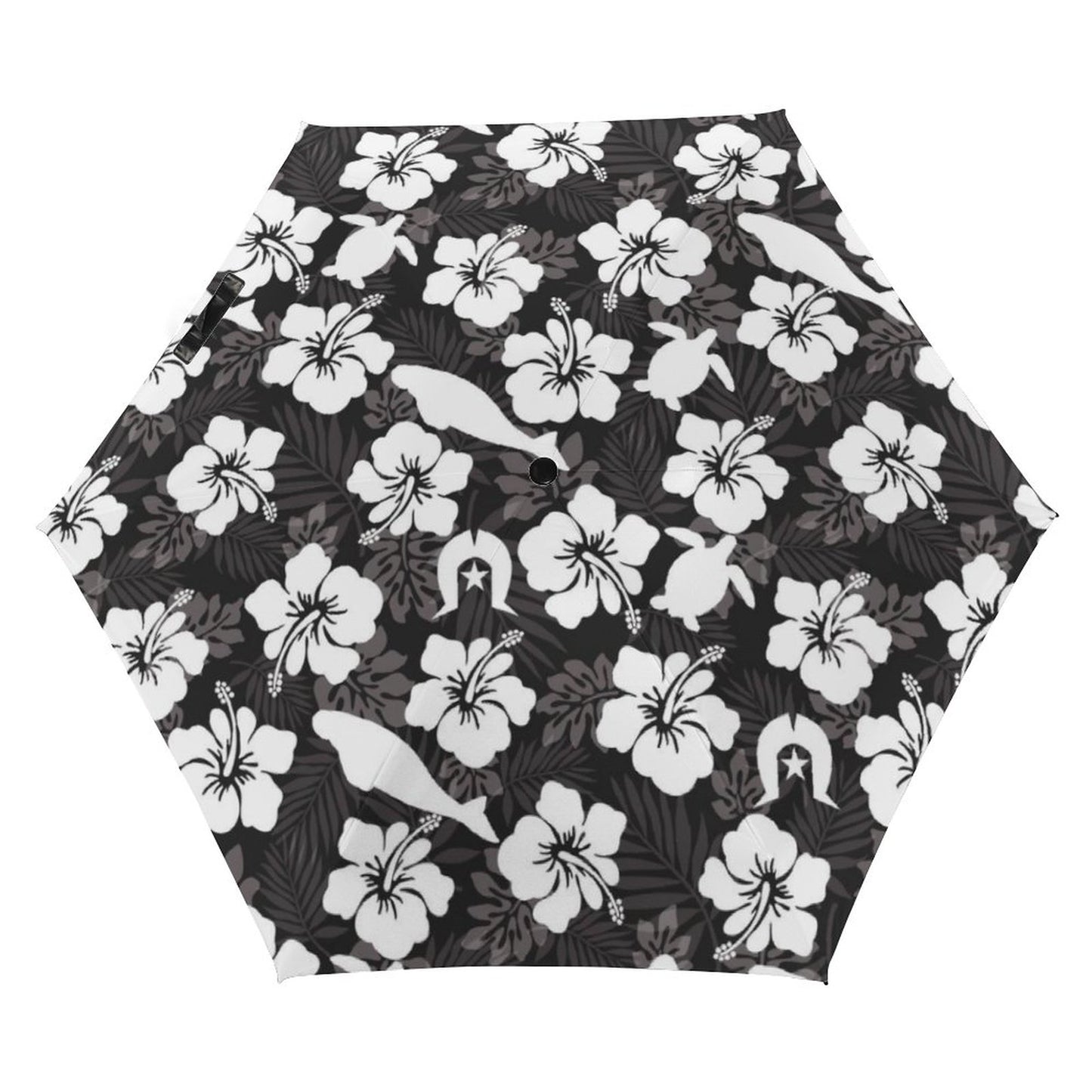 White Hibiscus flowers with Dugong, Turtle and Dhari (Black) on 5 Fold Umbrella