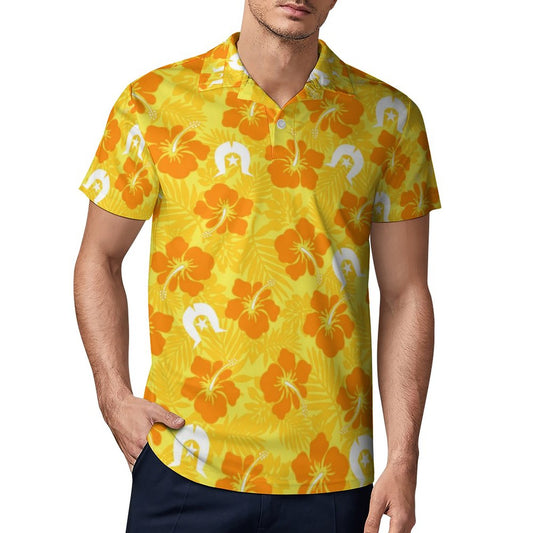 Hibiscus flowers with Dhari (Gold) on Short Sleeve Men's POLO T-shirt