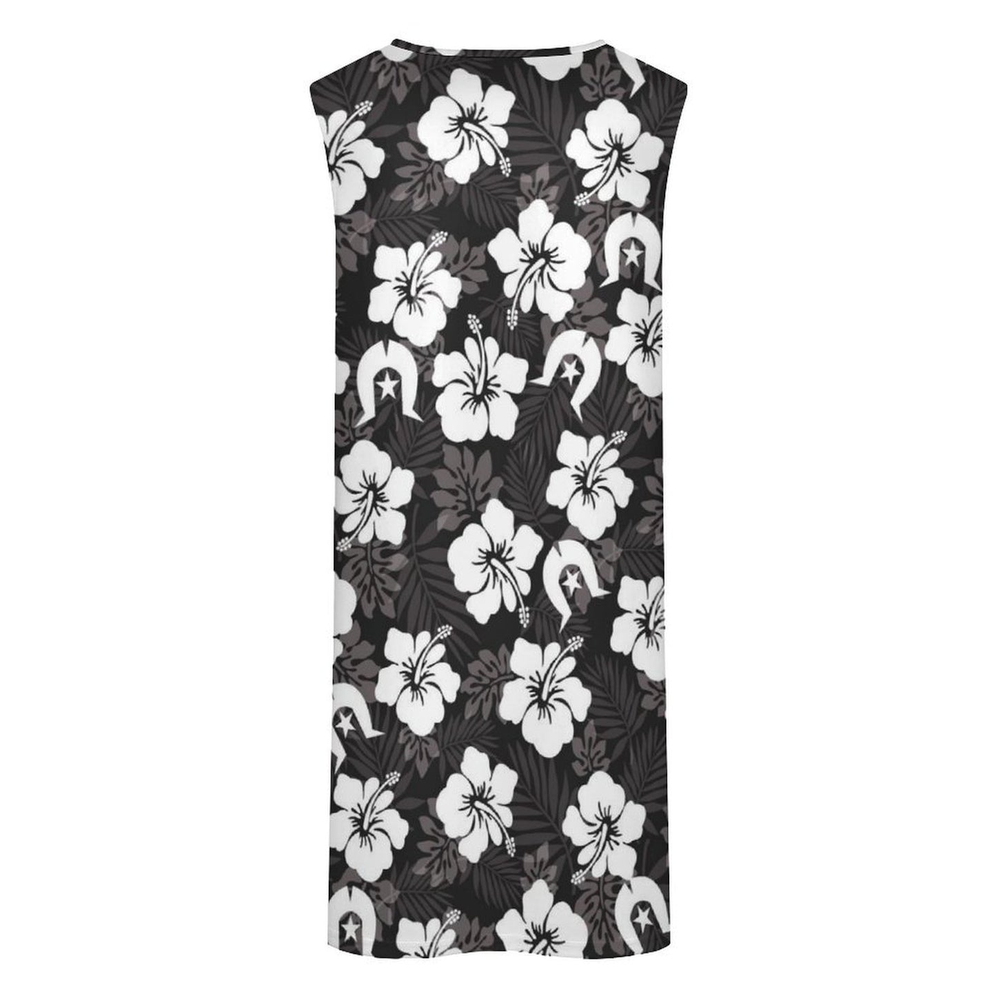 White Hibiscus and Dhari (Black) on Sleeveless Pocket Dress