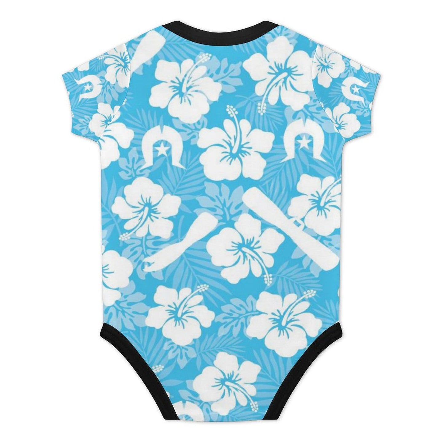 White Hibiscus flowers, Warup and Dhari on Faux Cotton Short Sleeve Baby Romper